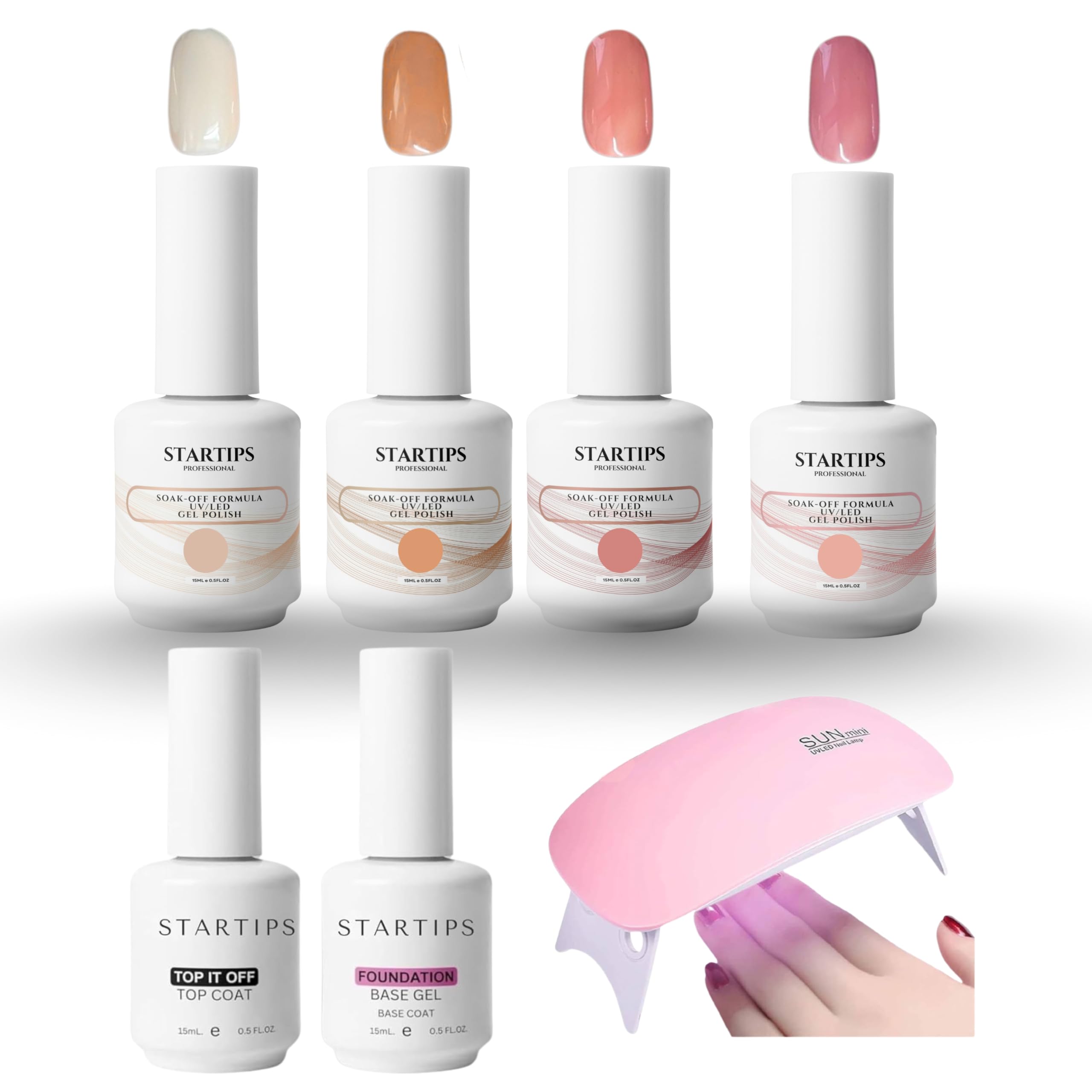 Startips Nail Art Kit - 4 Nude Gel Polishes with Base & Top Coat, UV Light Included for At-Home Salon Finish, Women’s DIY Nail Set. 15ml X 6pieces (Set Of 7)