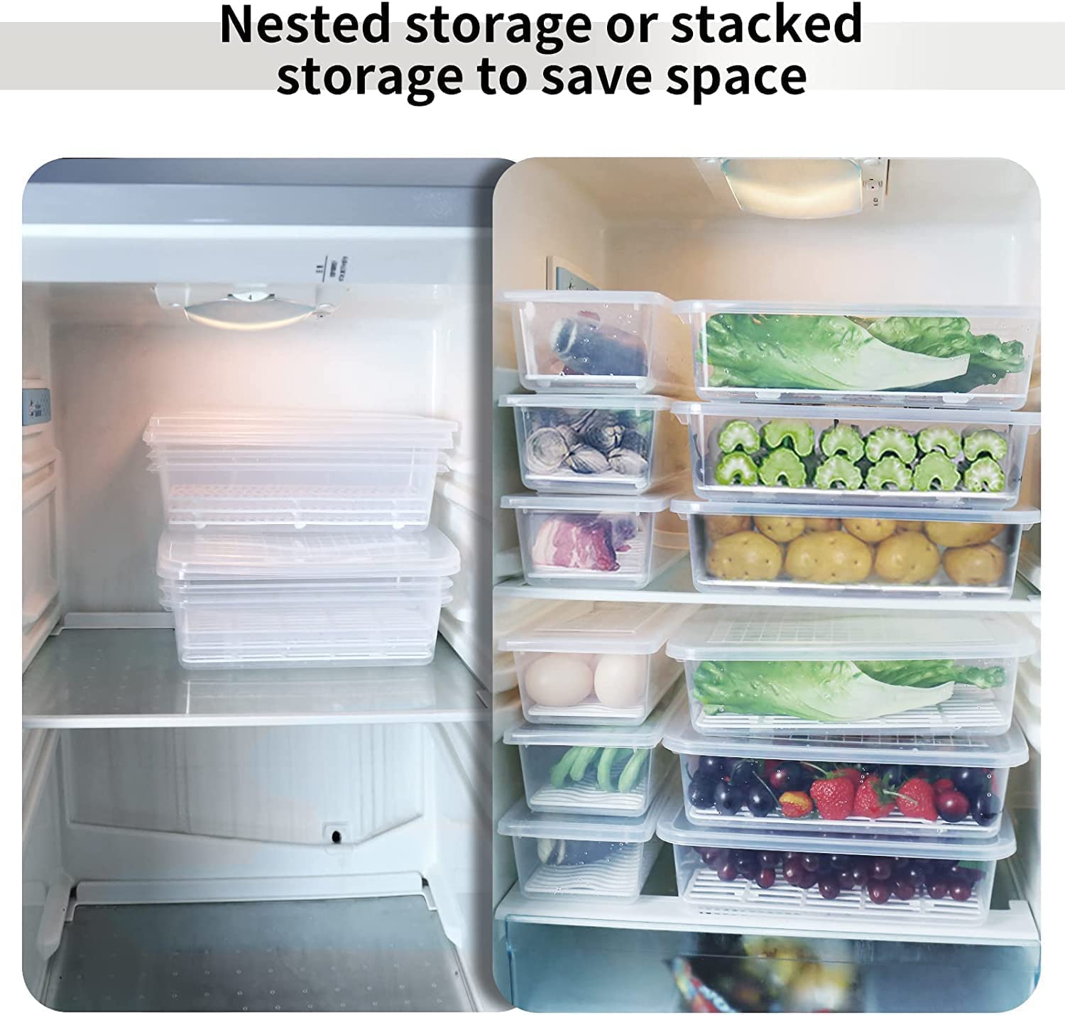 Raawan Cajas de almacenamiento para refrigerador (paquete de 6), organizador de refrigerador con placa de drenaje extraíble y tapa, bandeja de almacenamiento portátil apilable para mantener fresco