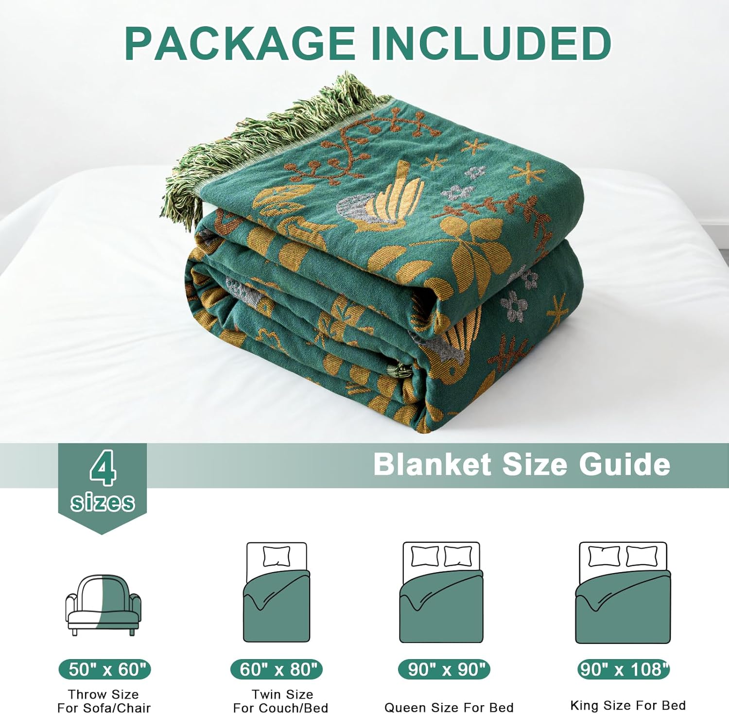 Boho Throw Blanket 50"x60", Soft Cozy 100% Cotton Blanket for Bed, Fall Blankets with Floral Bird Farmhouse Decor Breathable Lightweight All Season - Image 3