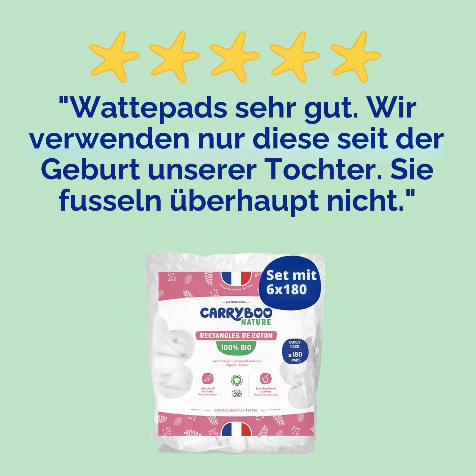 CARRYBOO - Quadratische Baby-Baumwolle – 100% Bio – für normale & empfindliche Haut – 6 Stück – ultraweich & strapazierfähig – hypoallergen – ohne Chlor gebleicht – für die ganze Familie – Packung