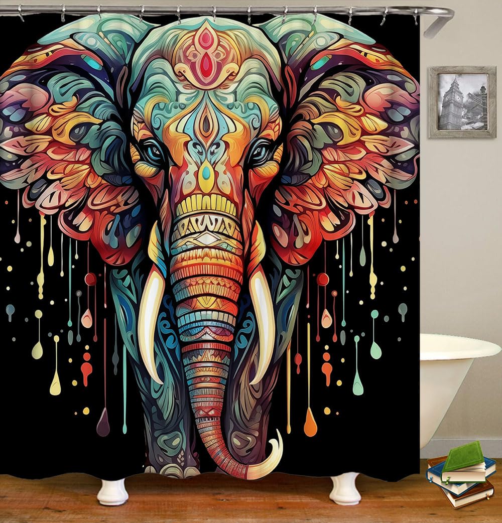 KEYAO DECOR Elephant Shower Curtains Set, Bohemian Elephant Muticolor Animal, Fabric Decorative for Bathroom, with 12 Hooks(70x70 Inch)