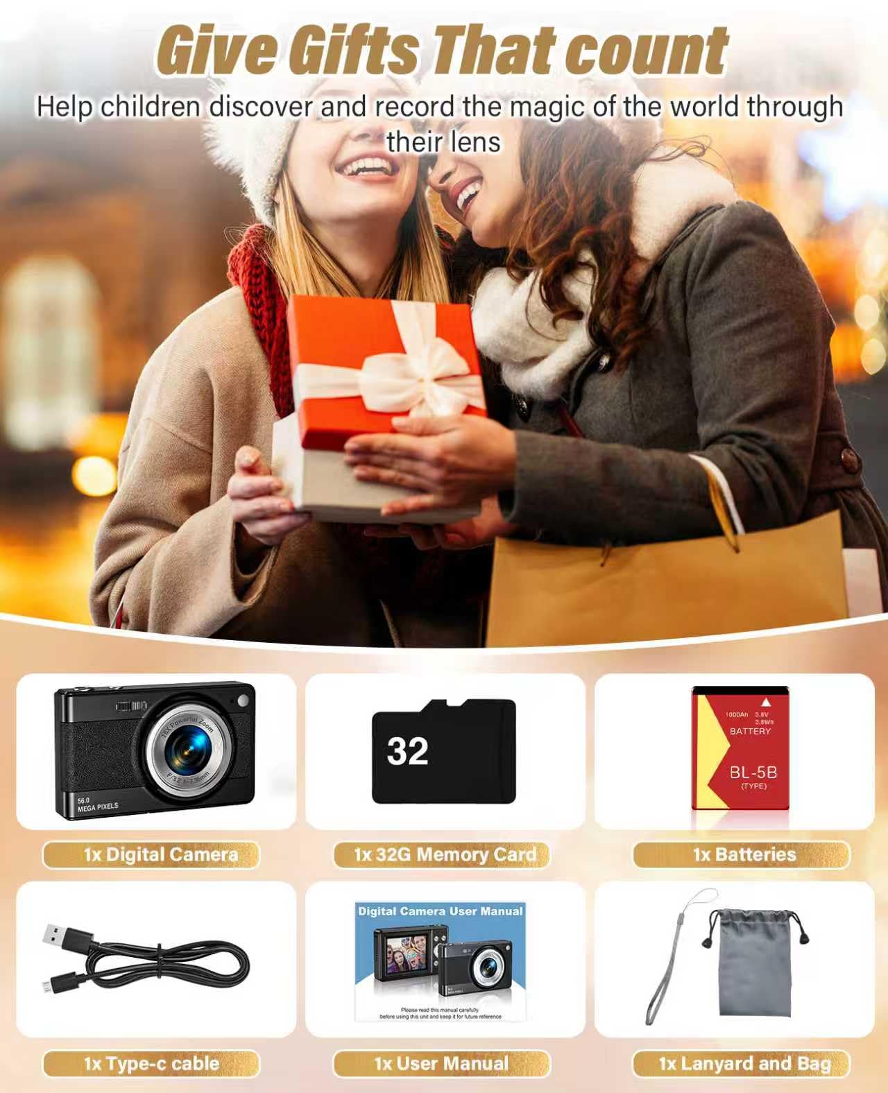 2025 New Digital Camera, 56MP FHD 1080P for Kids with 16x Digital Zoom Anti Shake, Face Detect, Smile Capture, 32GB TF Card, Battery, Lanyard, a Great Gift for Boys & Girls（Black）