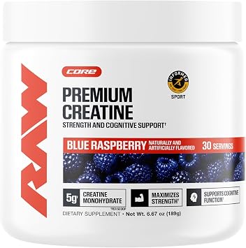 RAW Nutrition Creatine Monohydrate Powder, Blue Raspberry 30 Servings - Micronized Creatine Monohydrate Supplement for Workout Performance, Build Muscle & Strength - Creatine Powder for Men & Women