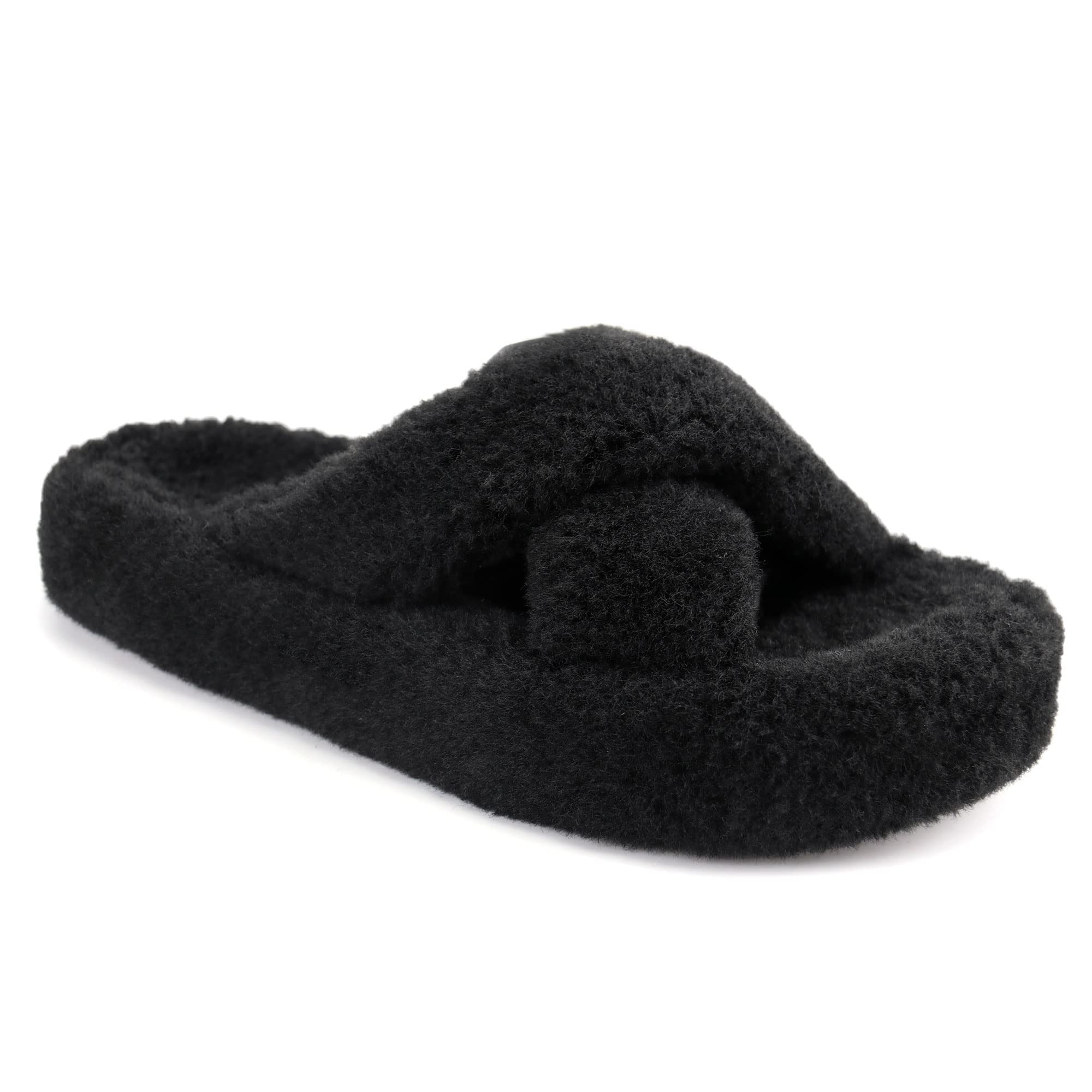 Photo 1 of JABASIC Women Cross Band Slippers Orthopedic Slides with Arch Support Faux Fur slides House Slipper Indoor Outdoor 10 Black