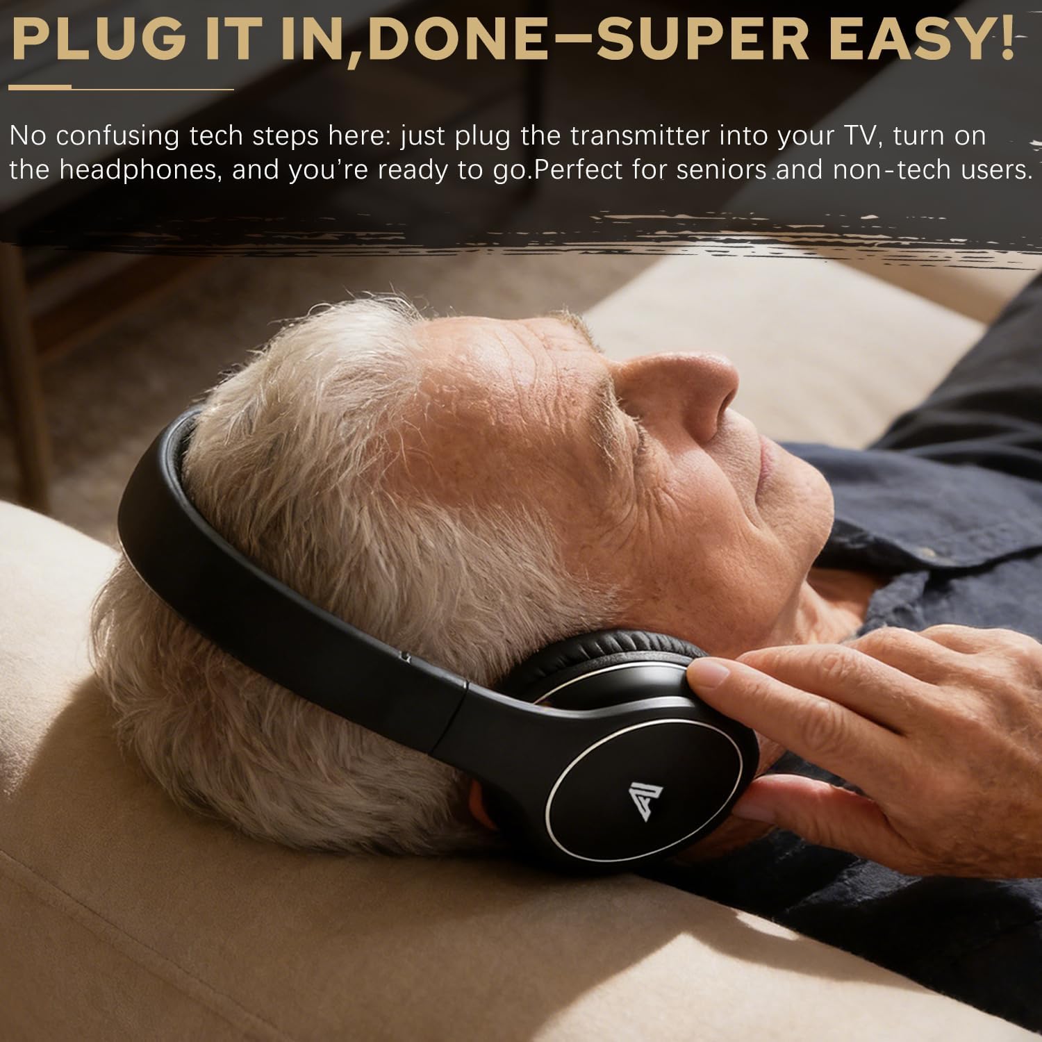 Ansee Wireless TV Headphones for Seniors & Hearing Impaired, Folding Over Ear Headphones with 2.4GHz RF Transmitter Support Optical RCA AUX, No Audio Delay, 100ft Wireless Range (Black) - Image 4