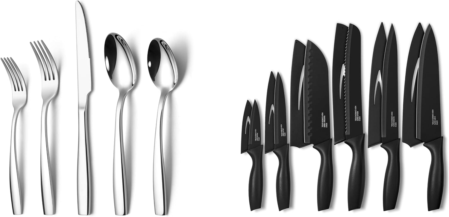 Onader 60 Piece Heavy Duty Silverware Flatware Set for 12 and Black Kitchen Knife Set 12 Pieces Sharp Knives Set with Sheath for Kitchen