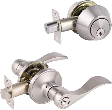 Gobrico Keyed Alike Entry Door Lock Set Handle and Double Cylinder Deadbolt Combo Door Handleset, Satin Nickel Finished