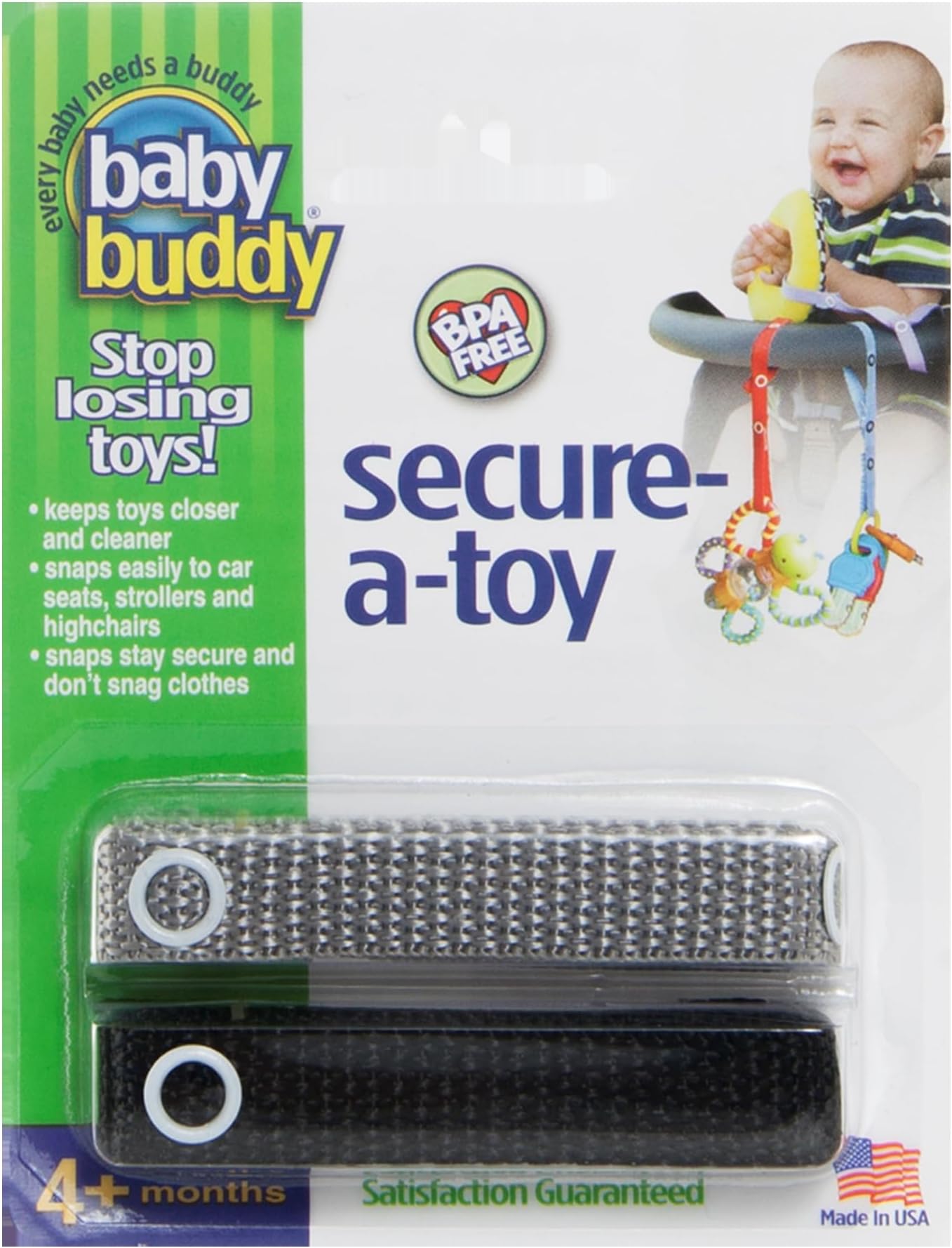 Baby Buddy Secure-a-Toy, Adjustable Pacifier and Teether Strap for Stroller, Highchair, and Car Seat, Black Gray, 2 Pack