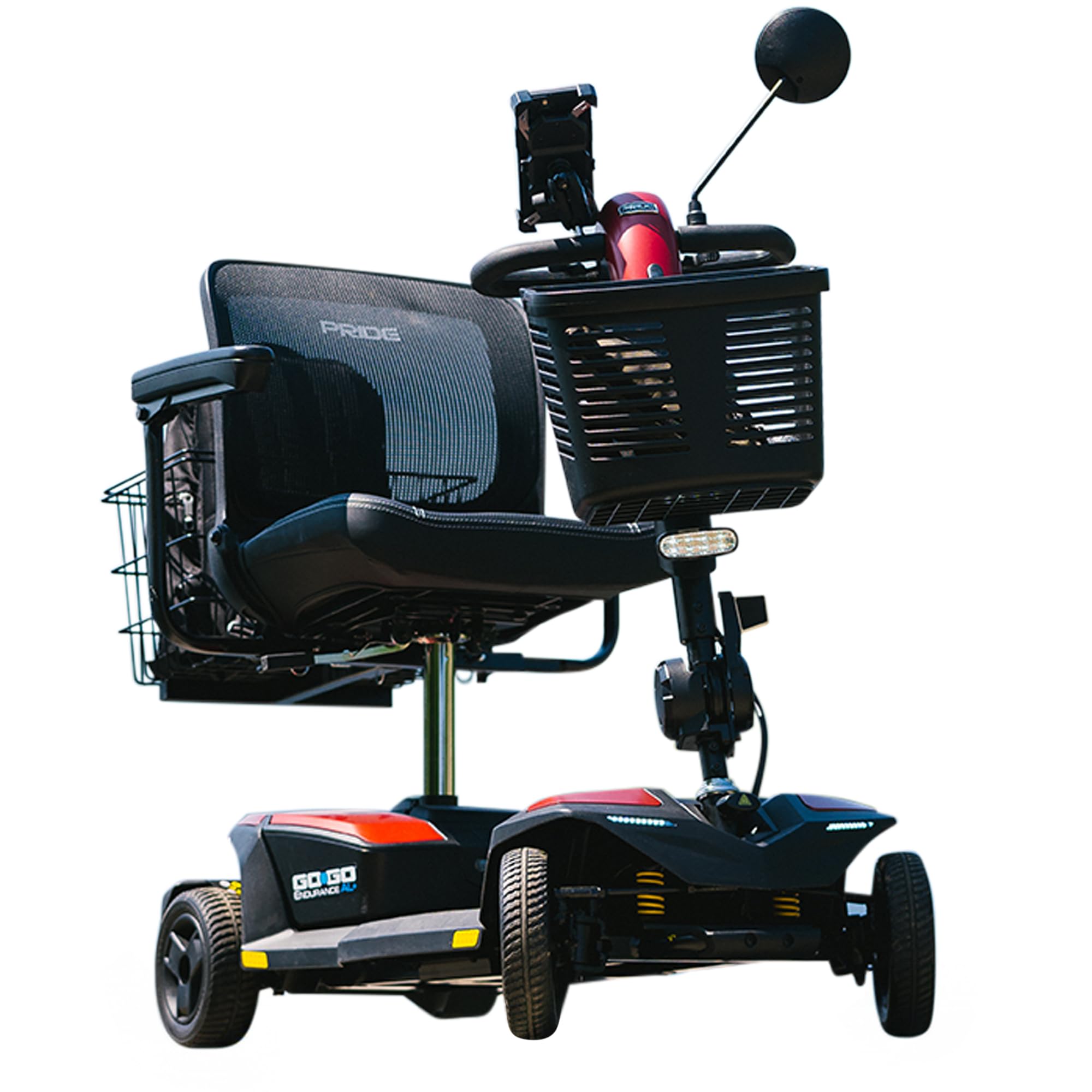 Pride Go Go Endurance AL 4 Wheel Mobility Scoote, Rear Storage Pod, Cell Phone Mount, Rear Basket, Light Aluminum Frame, 18" or 20" Wide Seat, CTS