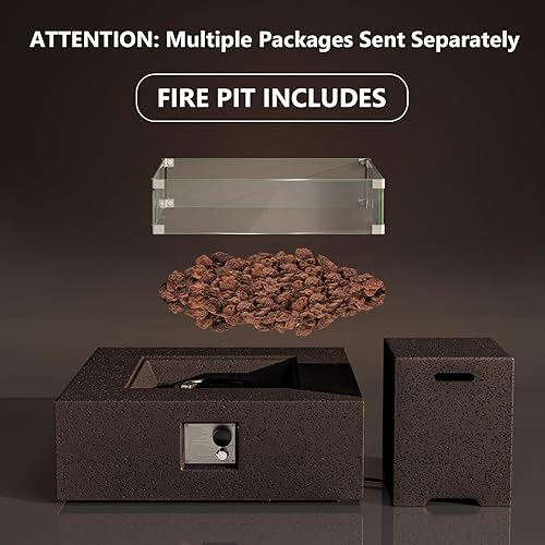 Miniatura 38 de COSIEST Fogata cuadrada de propano de piedra arenisca para exteriores de 35 pulgadas con protector contra el viento y mesa auxiliar, quemador