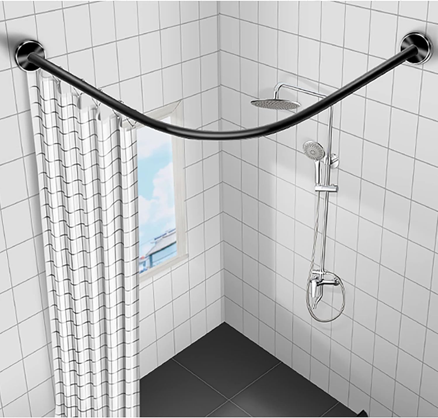 Barra Cortina Ducha en Forma de L, Curvada de 304 Acero Inoxidable, Sin Taladrar, Para Bañera Esquina 70 a 95cm x 90 a 130cm