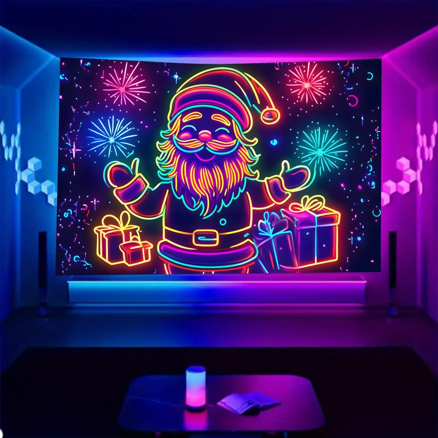 Black Light Tapestry-Merry ChristmasUV Reactive Glow in the Dark WallHanging, Santa Claus Christmas TreeSnowman Elk Home Decoration forParty Bedroom or Dormitory (Santa claus &Elk, 79"x59", Unframed)