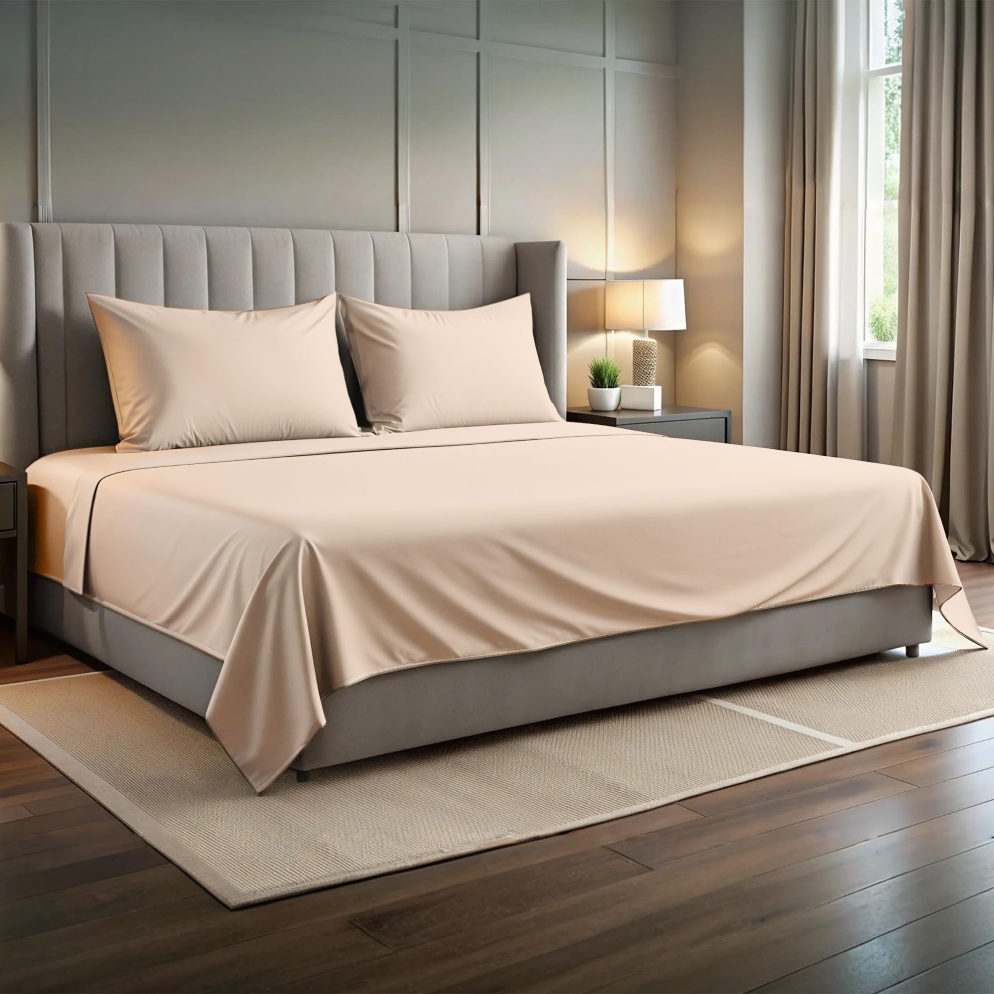 Ensemble de Draps 4 Pièces 180x190/200, draps de lit en Microfibre de Polyester brossée. Drap Plat, Drap-Housse Ajustable et 2 taies d'oreiller. Couleur Beige