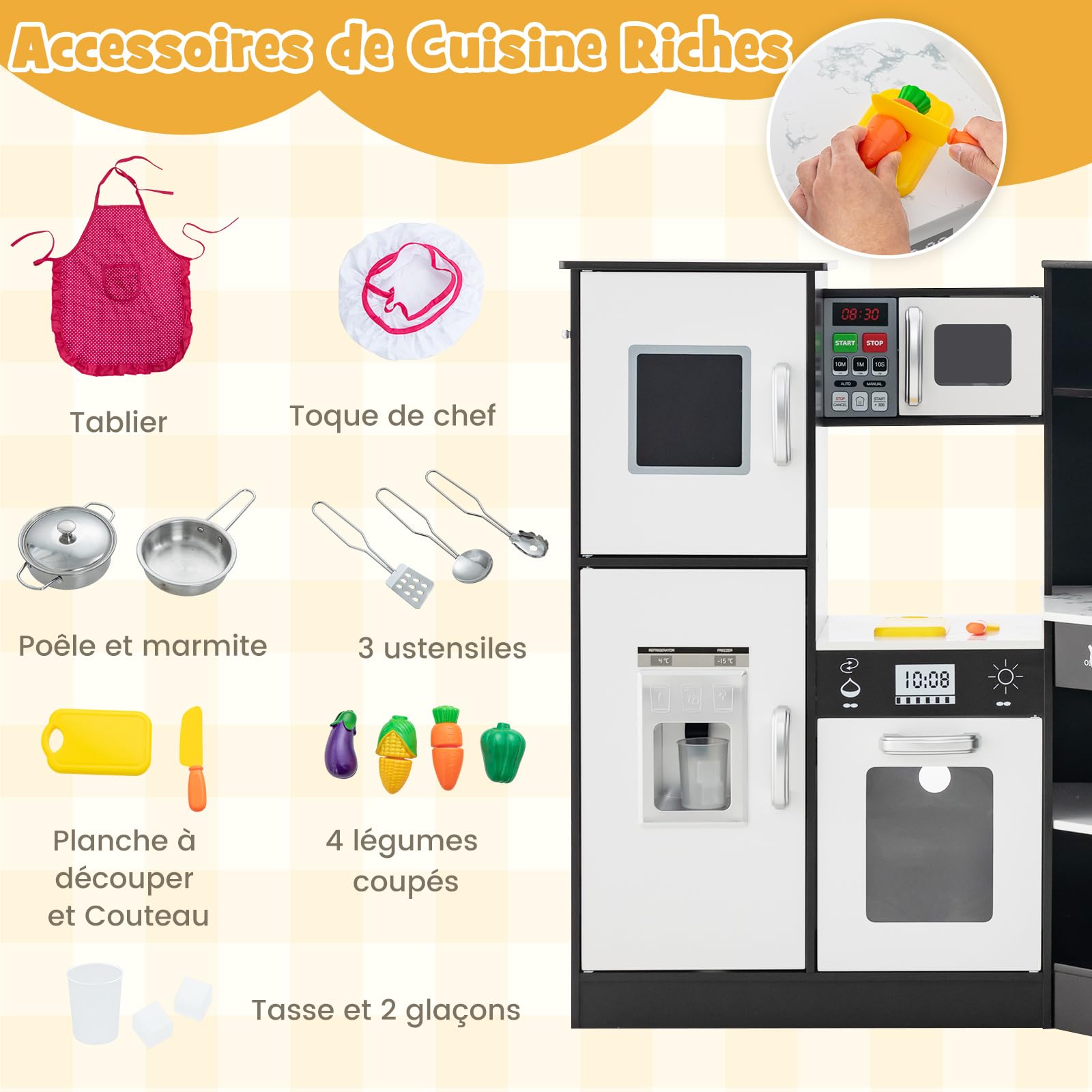 GOPLUS Cuisine en Bois Enfant, Cuisine d'angle avec Tableau Noir, Hotte, Micro-Ondes, Four, Effets Lumineux et Sonores, Accessoires Riches, Jouet d'Imitation pour Enfant 3+ Ans (Café)