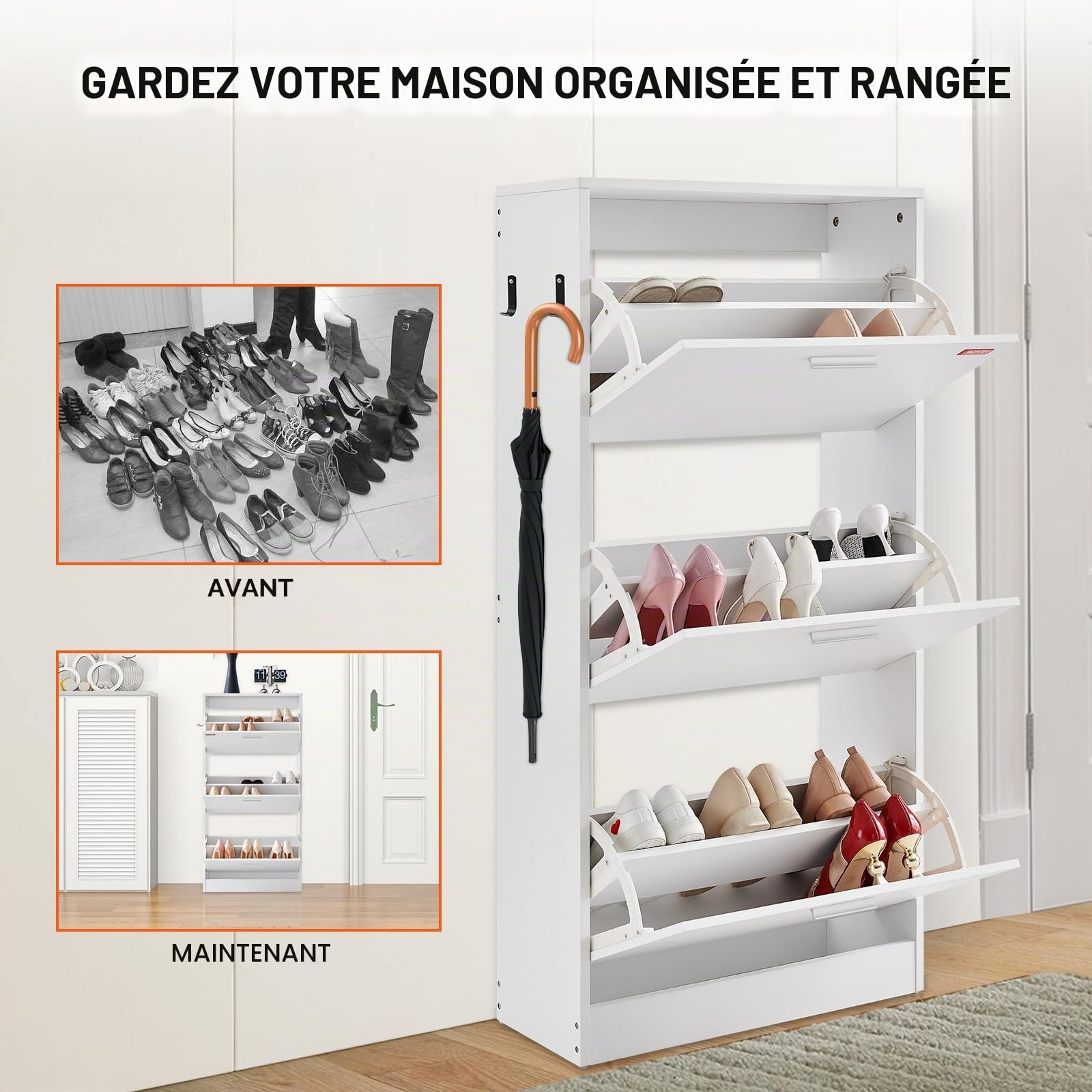 VEVOR Armoire à Chaussures étroite - Blanc - 600 x 237 x 1200 mm - avec 3 Rabats + Compartiment de Rangement supérieur - Capacité de Charge de 45,35 kg - en Bois Massif - pour Couloir