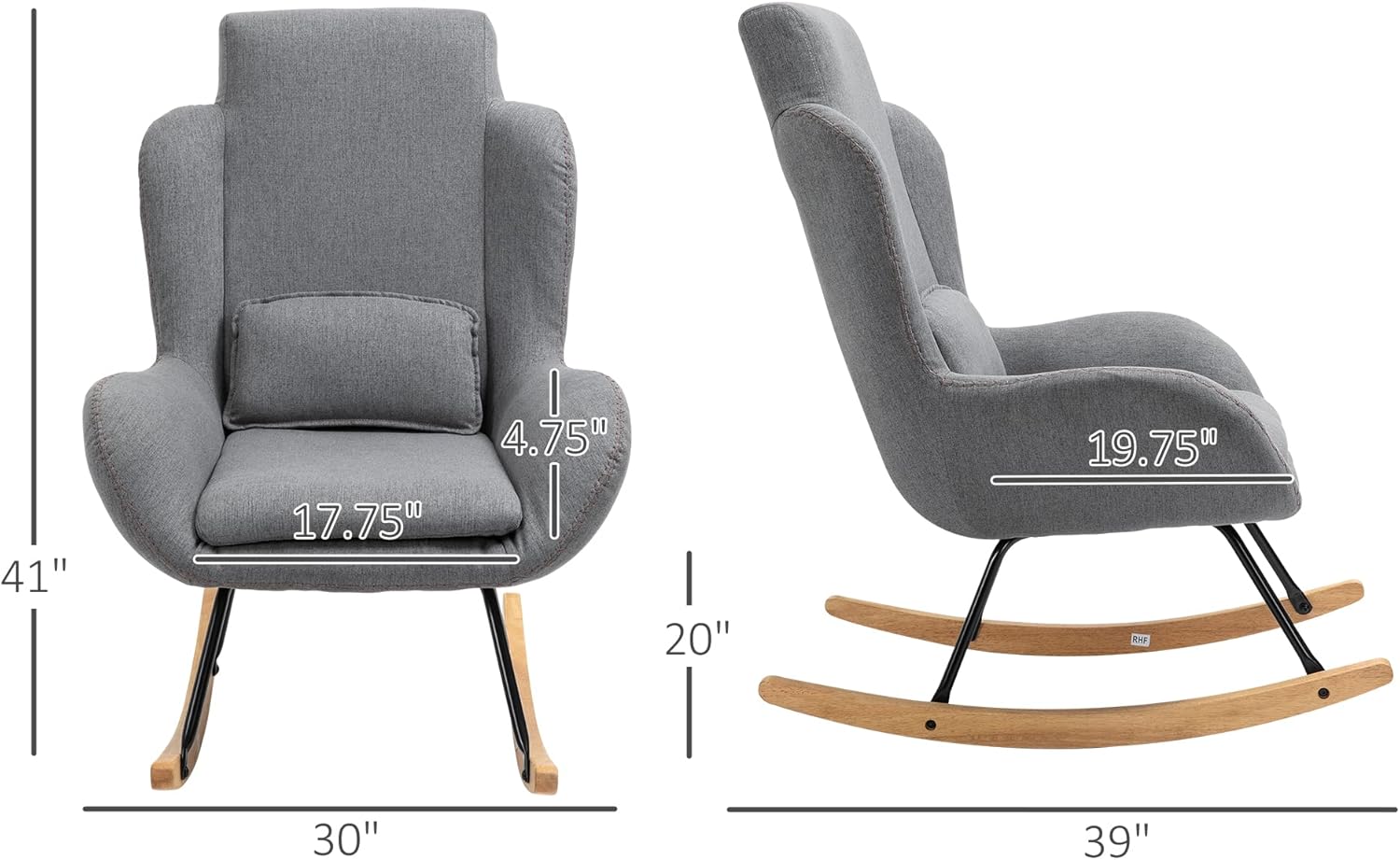 HOMCOM Modern Rocking Chair with Removable Lumbar Pillow Fabric Sofa Armchair with Thick Padding, Metal Frame, Wood Base for Living Room, Light Grey