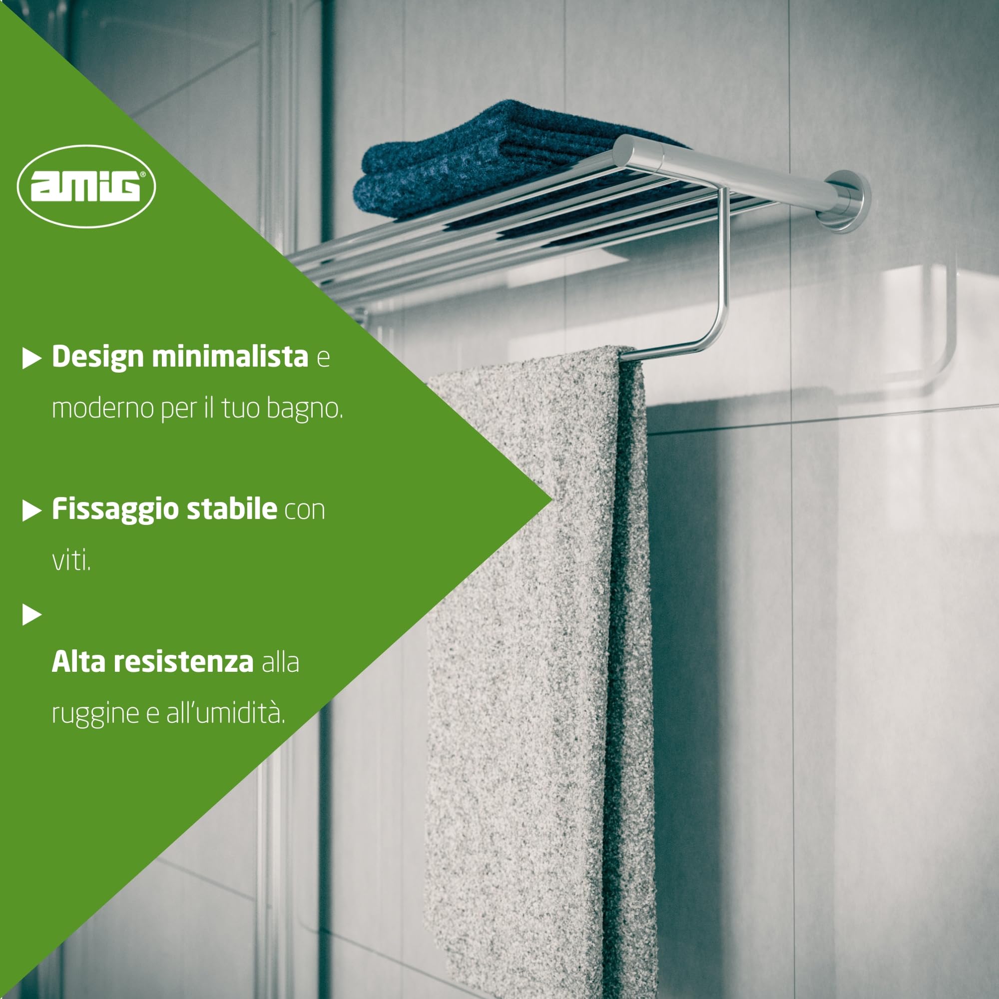 Amig - Portasciugamani da bagno a ripiano Mod. Gorliz-1 | Supporto da parete Con viti incluse | 655 x 132 x 205 mm | Acciaio inossidabile e Zamak | Argento | Cromo lucido