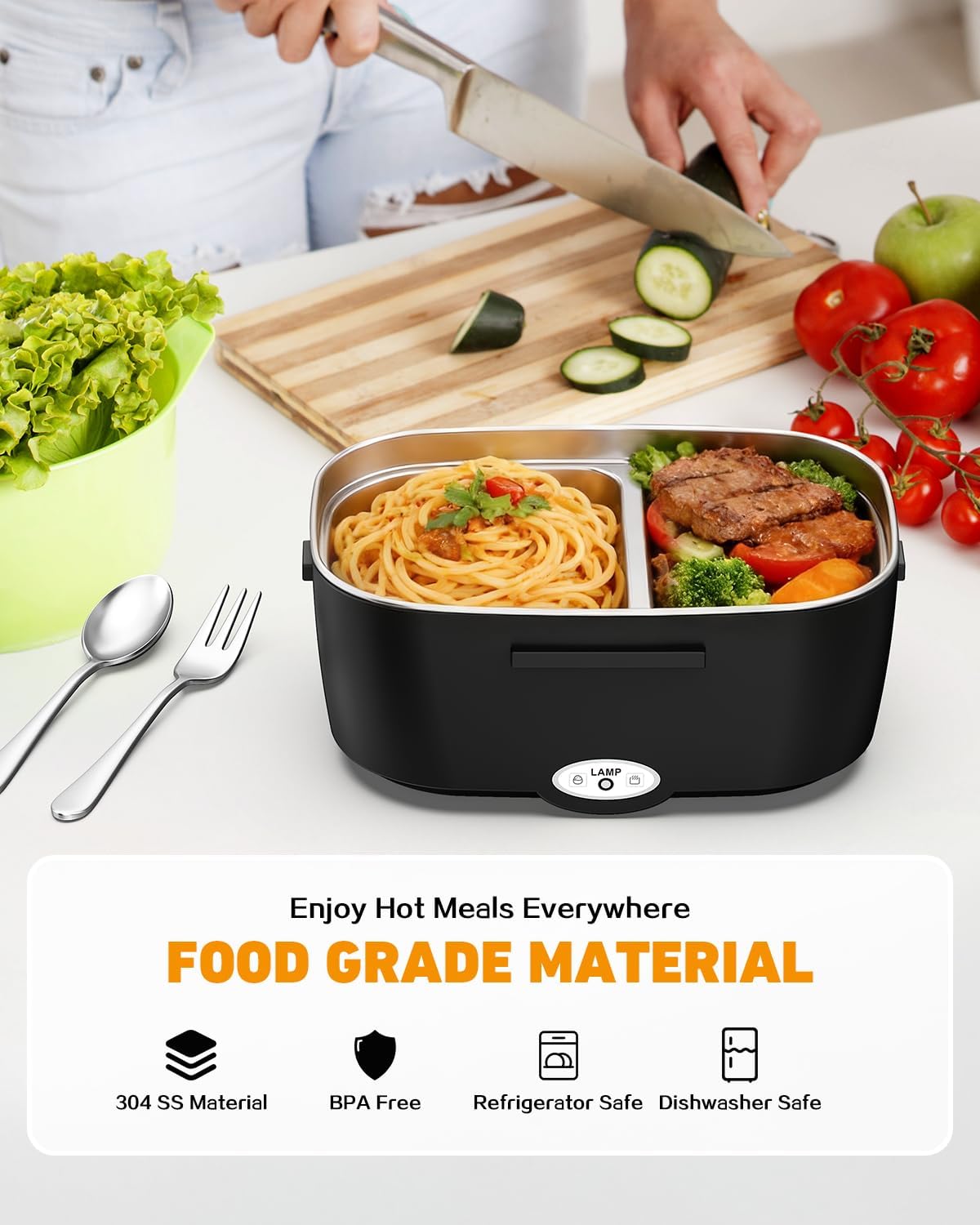 80W Electric Lunch Box Food Warmer for Car/Truck/Office, 110V/24V/12V Portable Heated Lunch Box for Adults, Dual 1.5L Stainless Steel Containers, Leak-Proof & Fast Heating, 3-in-1 Design