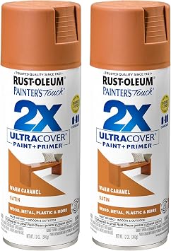 Rust-Oleum Painters Touch 2X Ultra Cover Spray Paint, Satin Warm Caramel | Indoor and Outdoor Surfaces Metal, Wood, Plastic, Fast Dry, Durable, Sprays from Any Angle, Comfort Tip, Oil Based