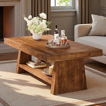Solid Wood Coffee Table, 47-Inch Farmhouse Wooden Coffee Table for Living Room, 2-Tier Rectangular Center Table with Storage for Apartment, Home Office, Brown