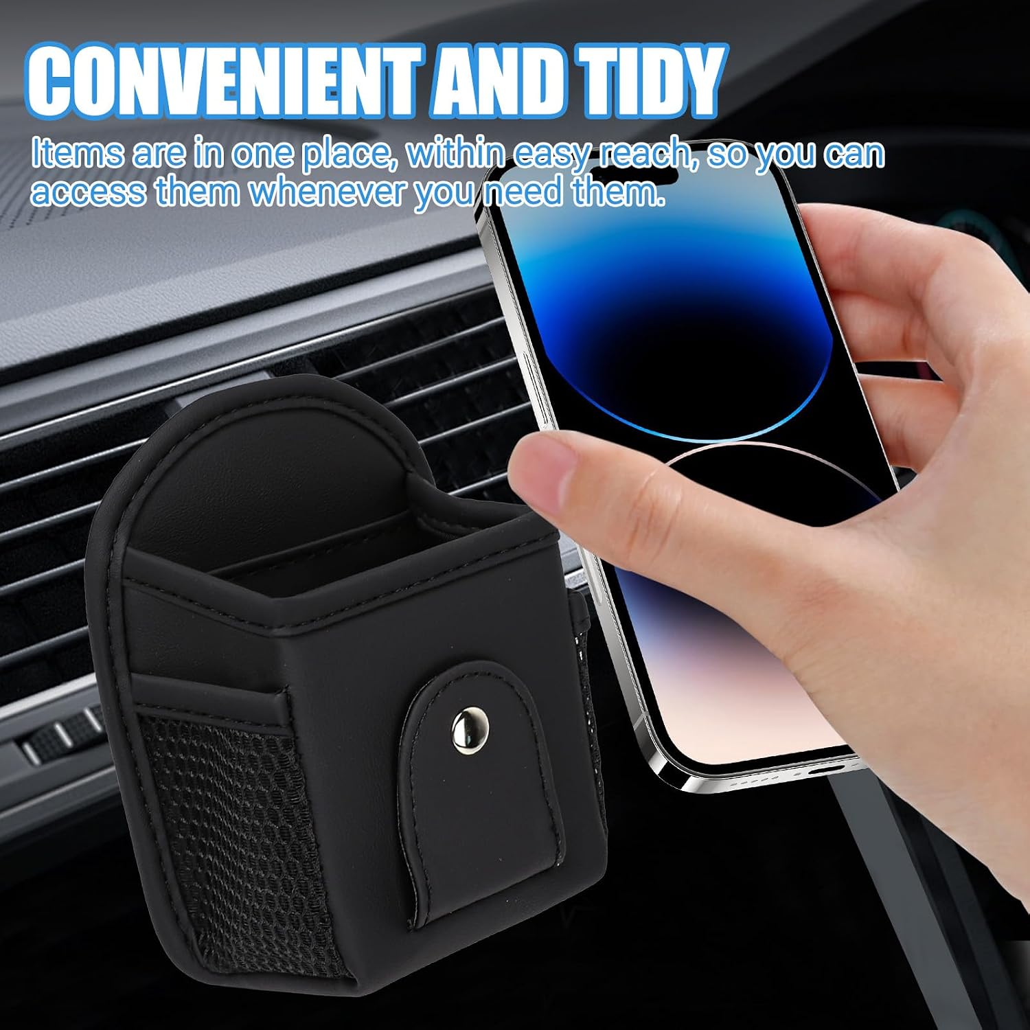 Hovom Car Vent Storage Organizer, Leather Air Vent Pouch Pocket, Multifunctional Vehicle Storage Box Hanging Bag for Sunglasses, Phone, Keys, Lipstick, Small Items, Car Accessories (with Clip)