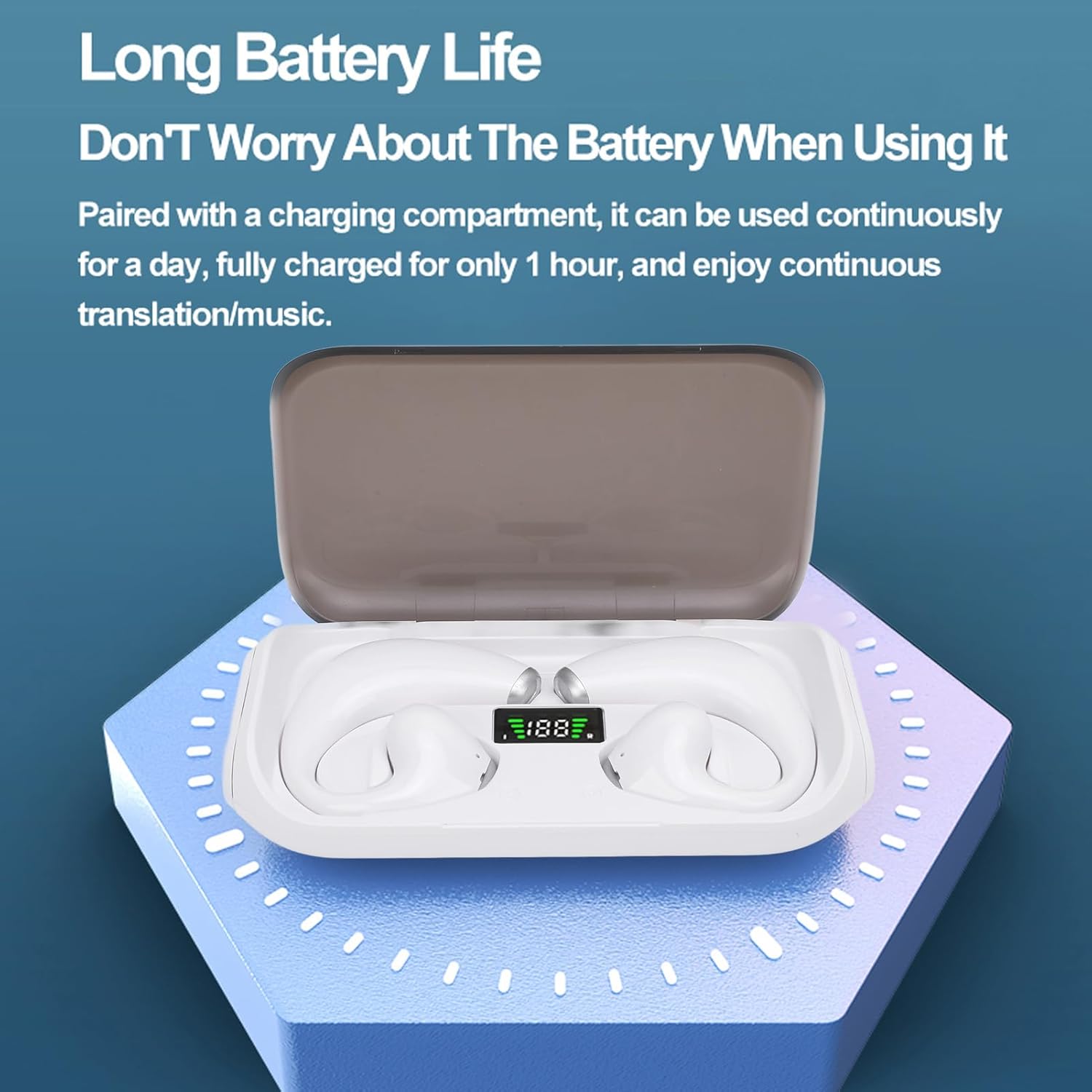 Jiawu JR04 Language Translation Earbuds in charging case, illustrating long battery life