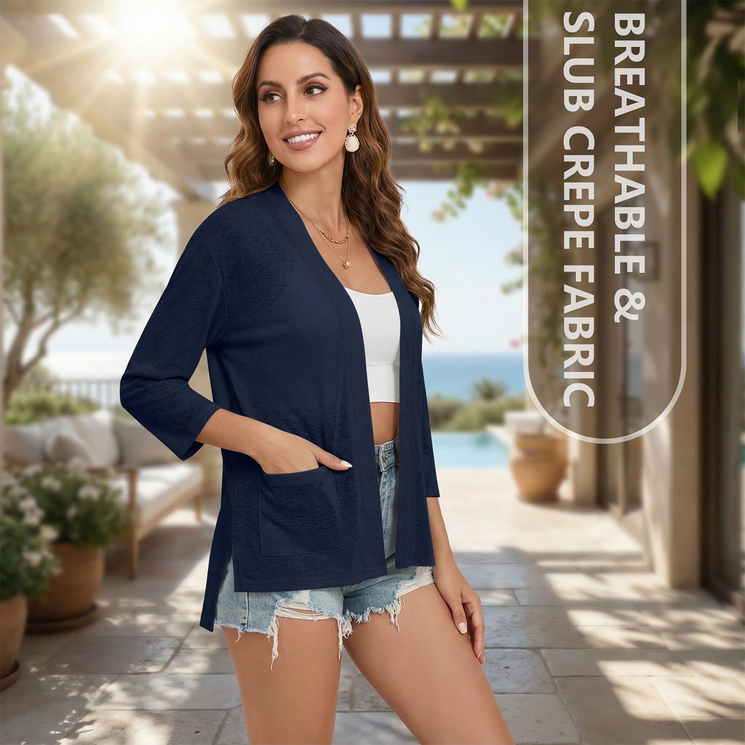 Womens Summer Loose Fit Lightweight Cardigan 3/4 Sleeve Open Front Sheer Cover Ups Hight Low Hem with Pockets - Image 4