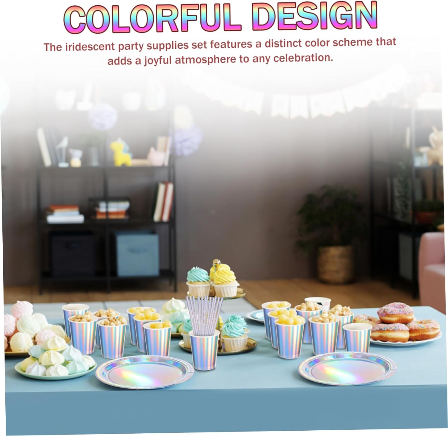 ABOOFAN 25sets Iridescent Neon Party Supplies Pizza Plates Napkins for Birthday Tea Party Decorations