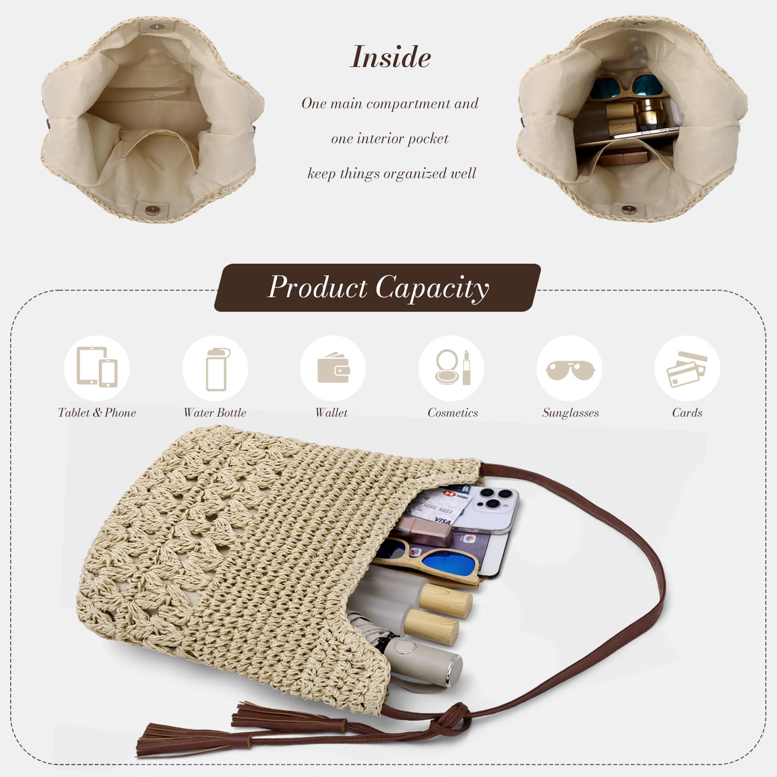 Femme Tissé en Paille Sac à Bandoulière Plage d'été Sac Fourre-tout Fait Main Au Crochet Sac Hobo Pour les Vacances