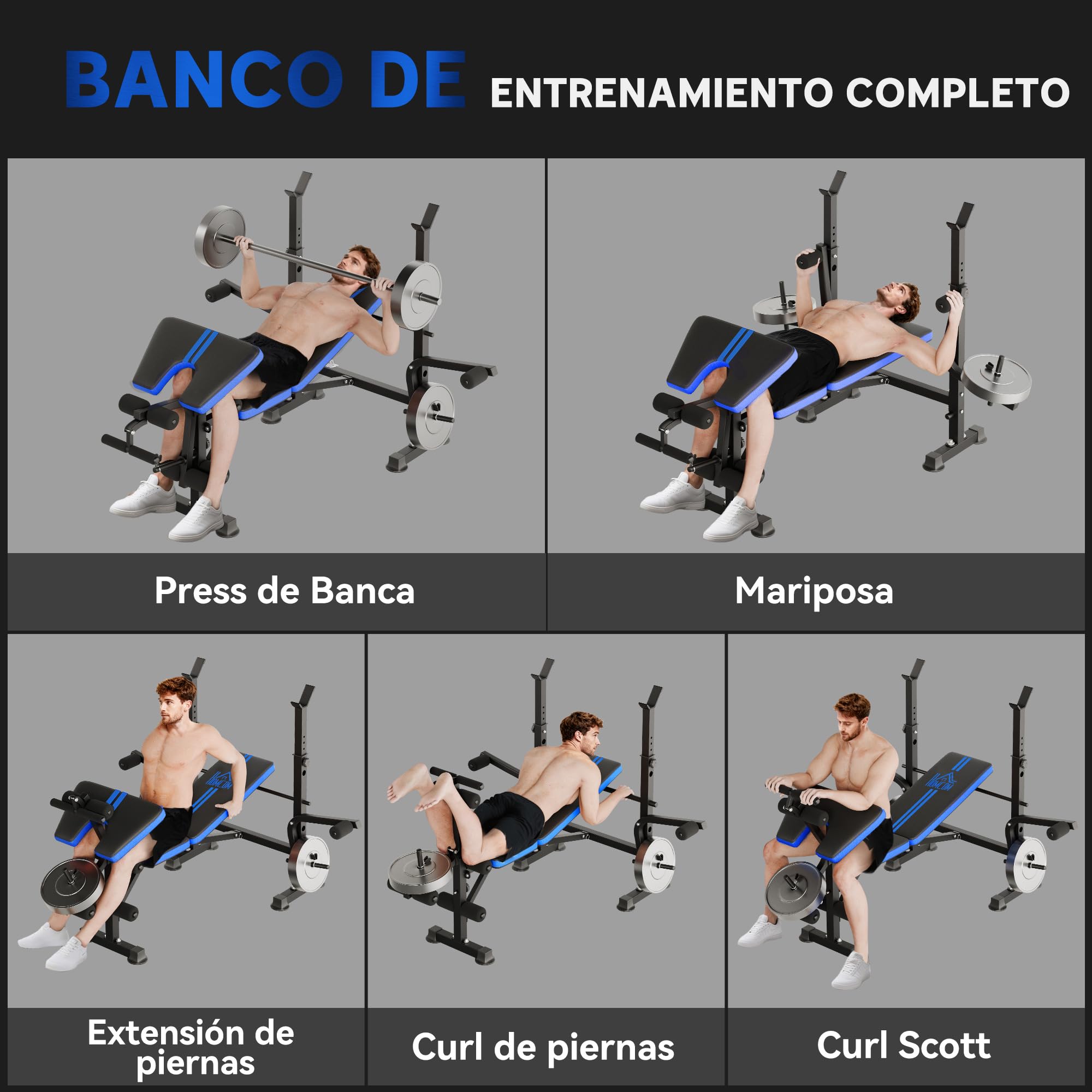 HOMCOM Banco de Musculación Multifuncional, Banco de Pesas con Respaldo Ajustable, Soporte para Barras Regulable, Extensión de Piernas, Curl de Predicador, Mariposa, Entrenamiento Casa Gimnasio, Azul