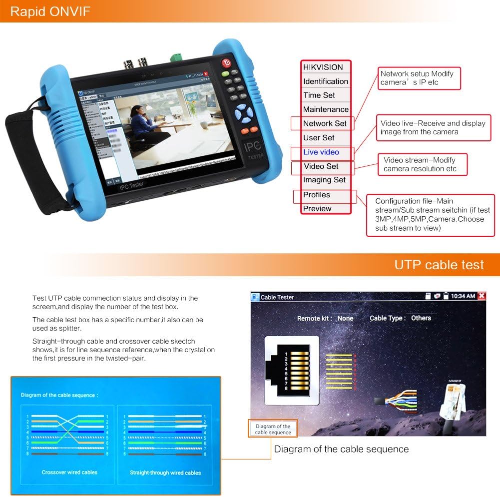 Creative Product Koolertron 7 inch IPS Touch Screen H.265 4K IP Camera Tester CVBS Analog Tester with POE/WIFI/8G TF Card/4K H.265/HDMI Output/RJ45 TDR/Dual Window Test/Firmware