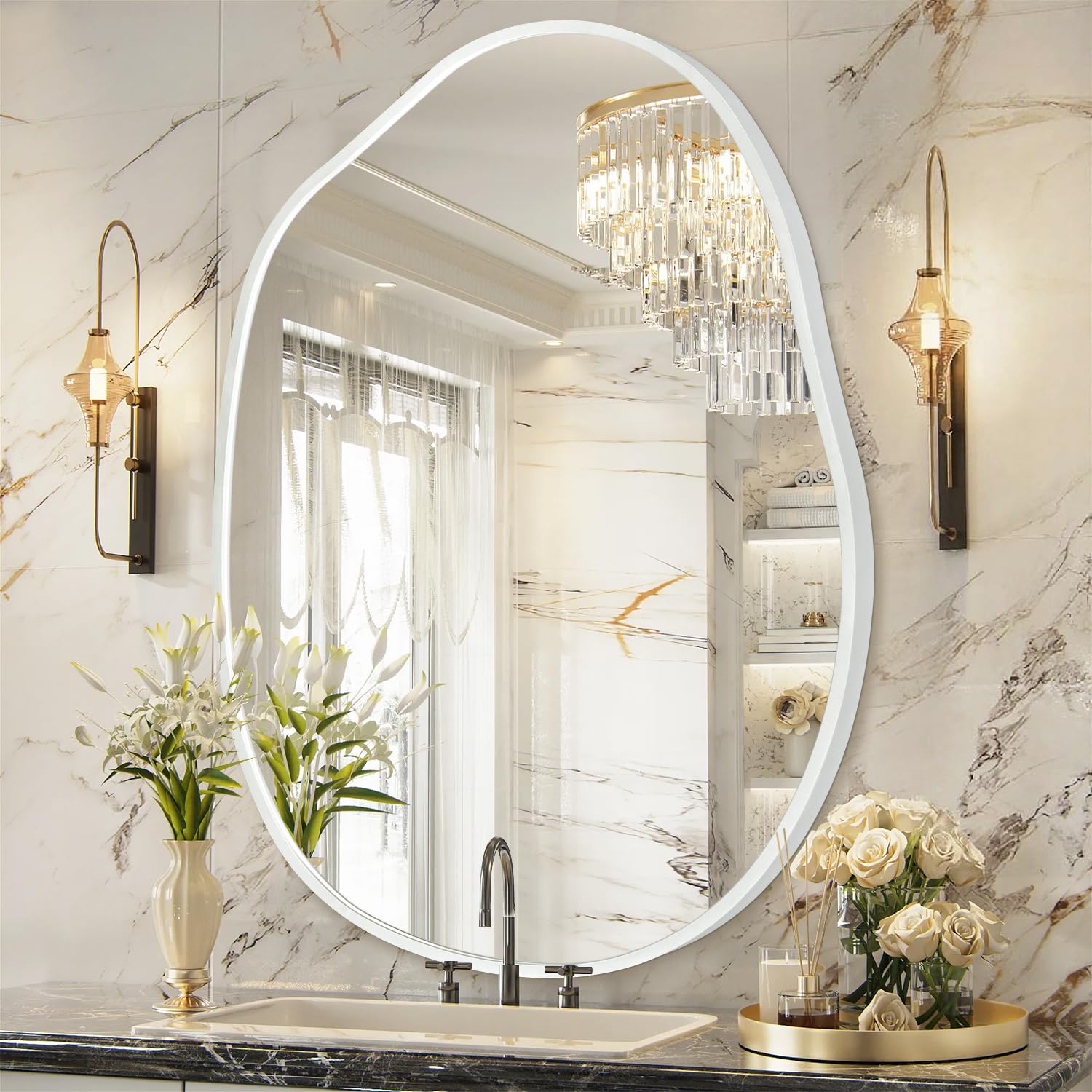 HLFMVWE Asymmetrical Bathroom Mirror Irregular Wall Mirror Modern Metal Frame Unique Shape Wall Mounted Vanity Artistic Mirrors Decorative for Living Room Bedroom 45X65 CM Large White