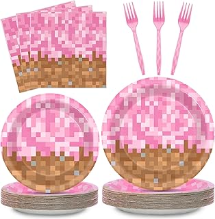 96Pcs Pixel Girl Birthday Plates and Napkins Mining Party Decorations Video Game Paper Tableware Set Pink Pixel Themed Disposable Dinnerware kit for Baby Shower Party Supplies Serve 24