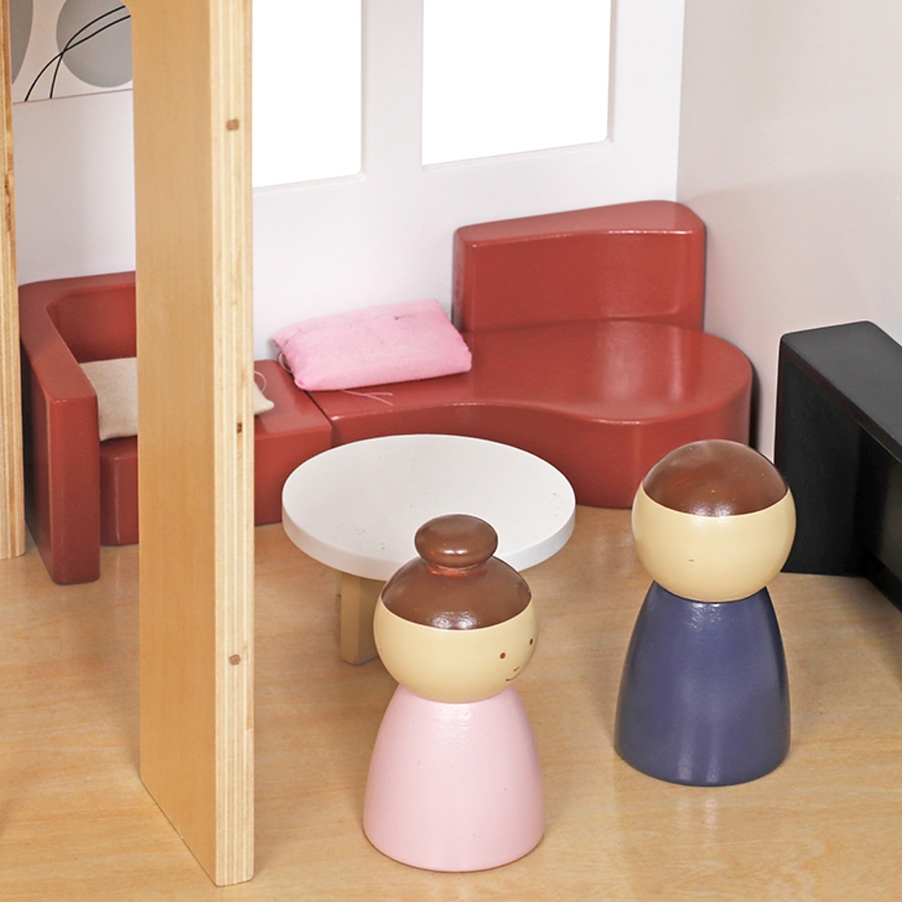 Modernes Puppenhaus Villa aus Holz mit 49-TLG Möbelset & Spielfiguren, inkl. Hundezimmer, Große Stadtvilla für Kinder, Skandinavisches Design, Puppenhausmöbel Set komplett möbliert, Schwarz-Weiß