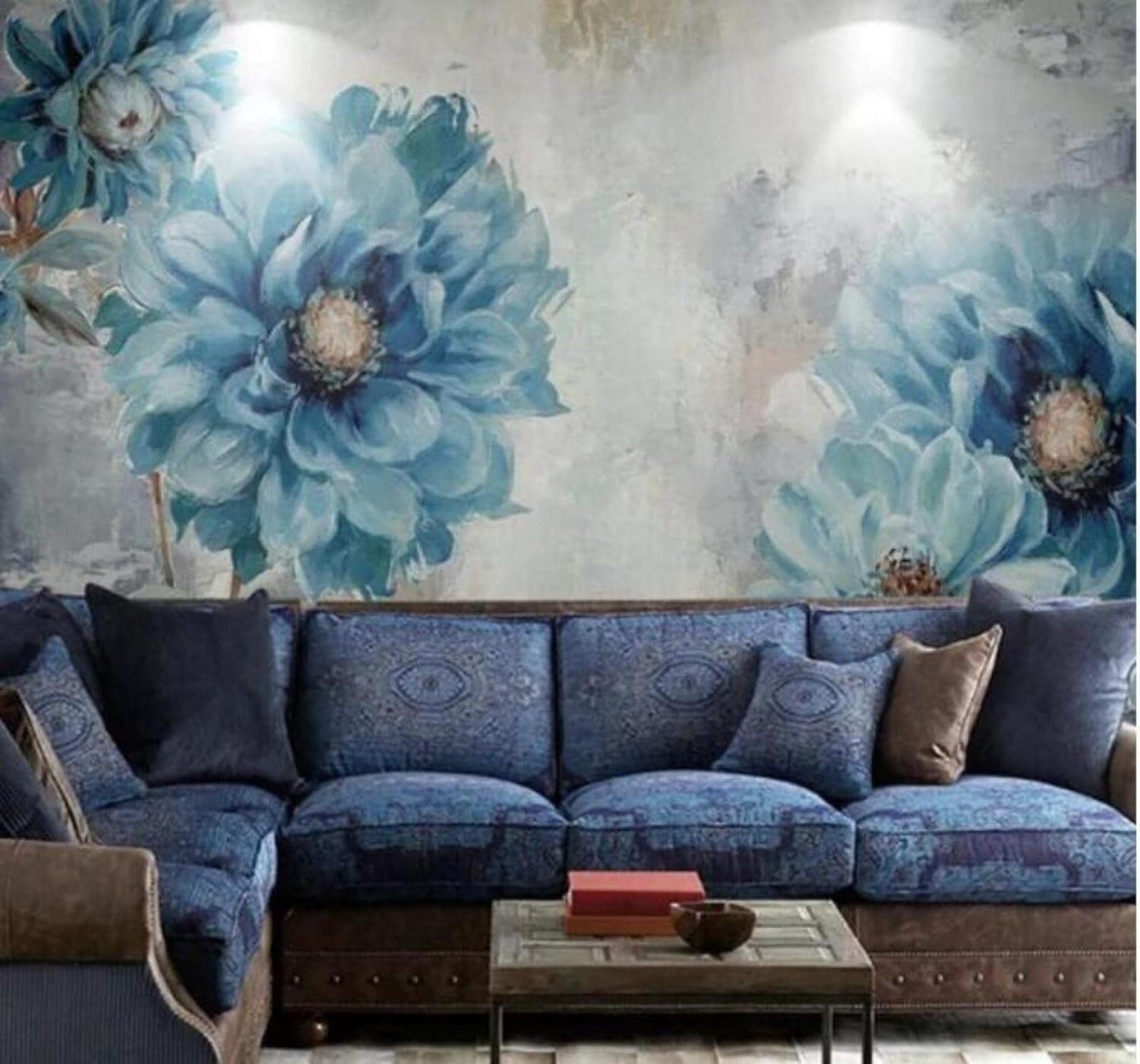 Xlming 400Cm×280Cm(B×H) Hand Drawn Vintage Watercolour Blue Flowers 3D Wallpaper Luxury Silk Study Dining Feature Sofa Grey Bedroom Living Room Tv Decorative Wall-400Cm×280Cm