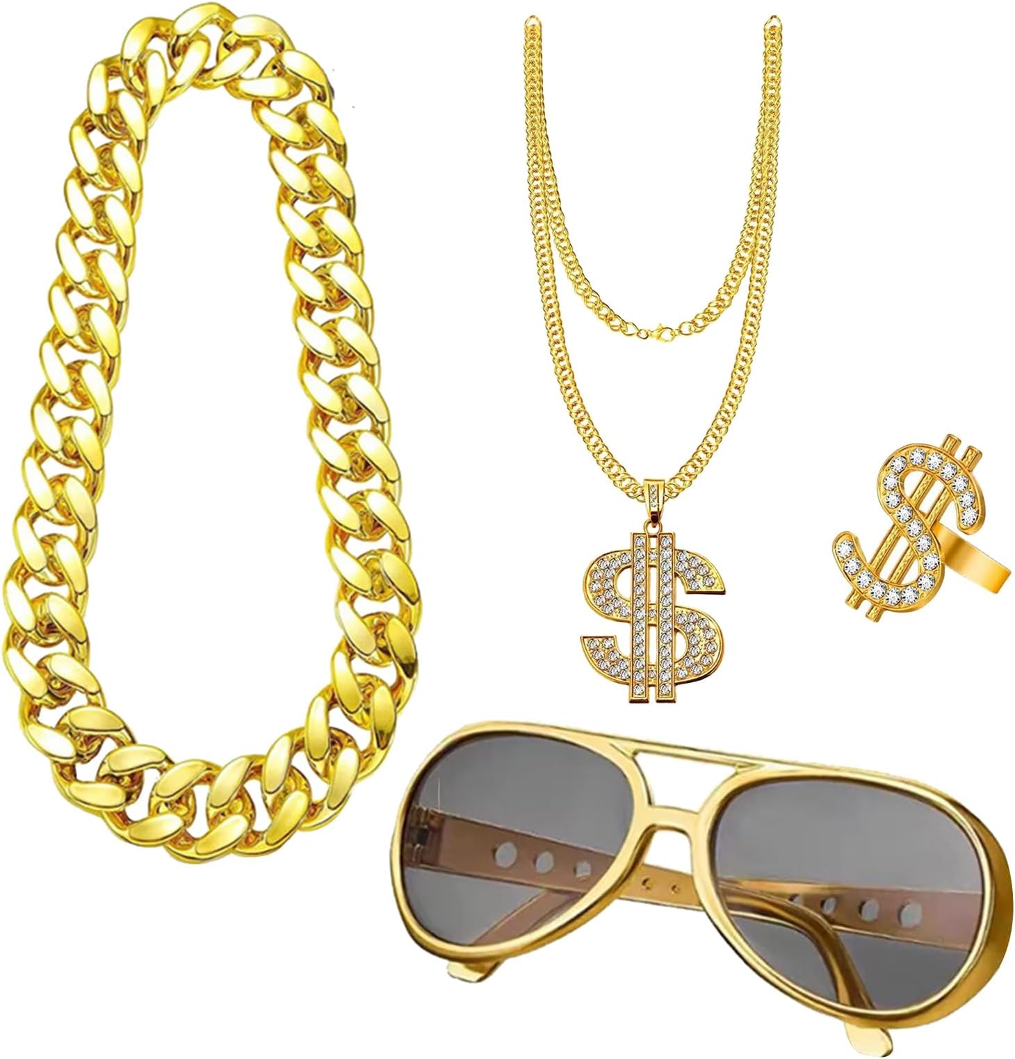 VESMATITY80s Hip Hop 90s Outfit Accessories Sunglasses Fake Gold Chain Money Chain Dollar Sign Finger Ring for Men/Boys/Kids Rapper Party Accessories
