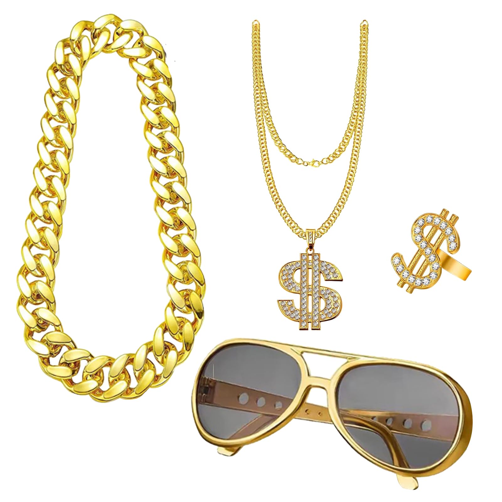 VESMATITY80s Hip Hop 90s Outfit Accessories Sunglasses Fake Gold Chain Money Chain Dollar Sign Finger Ring for Men/Boys/Kids Rapper Party Accessories