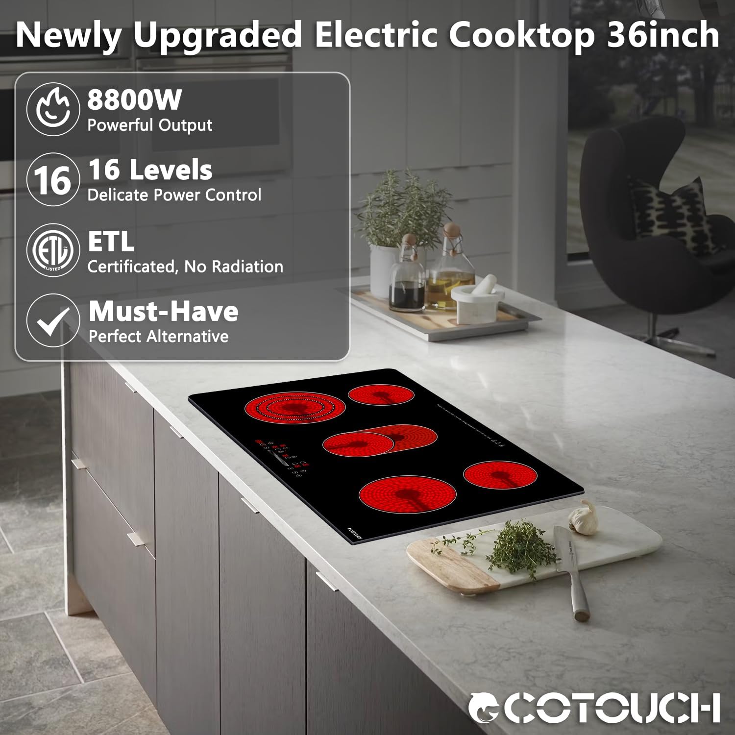 Image showing the ECOTOUCH 36-inch Electric Cooktop installed in a kitchen, highlighting 8800W Powerful Output, 16 Levels Delicate Power Control, ETL Certificated, and Must-Have Perfect Alternative.
