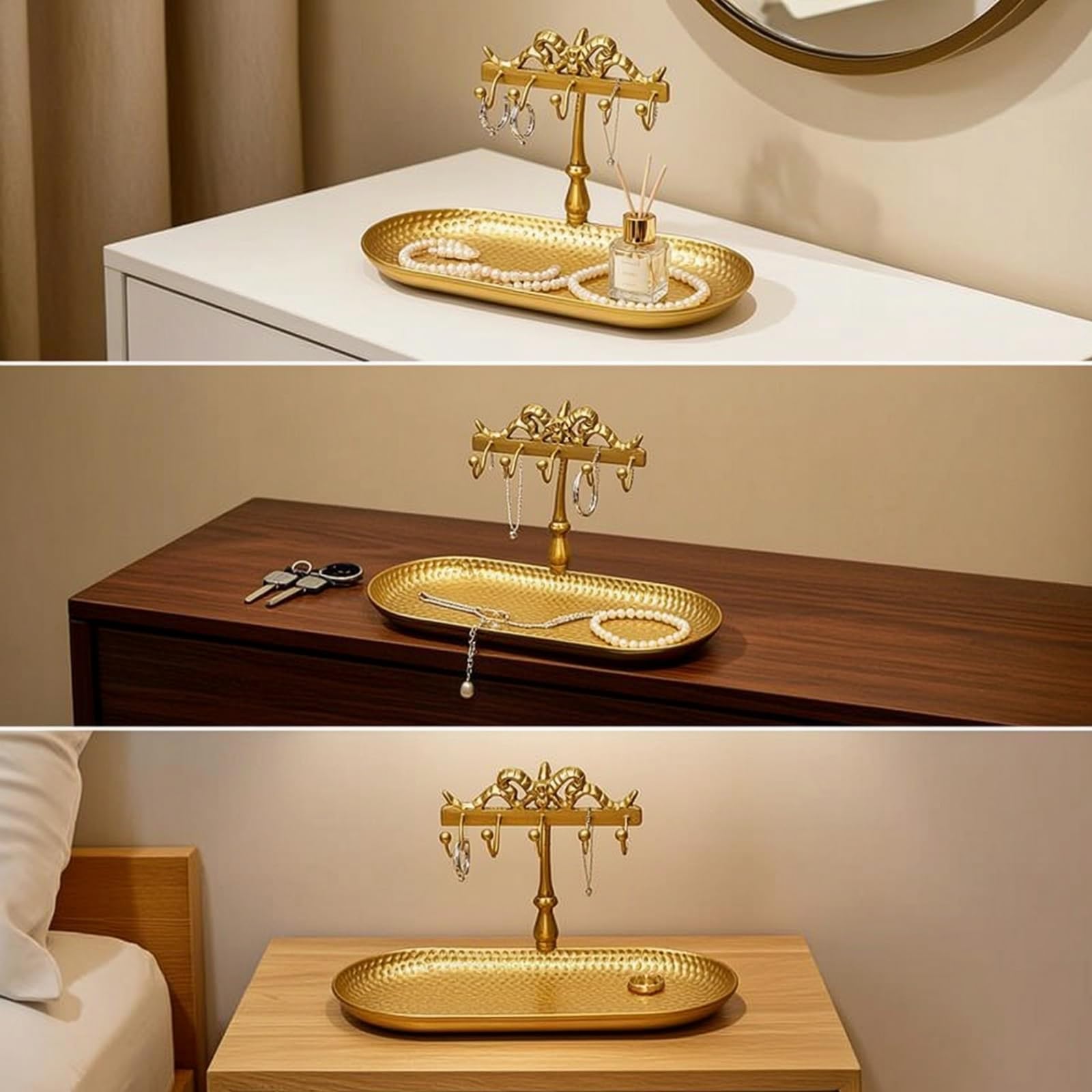 Bandeja Expositor de Joyería Soporte Organizador Platos Joya en Tono Latón y Barra Calada Adecuada para Tocador Entrada Baño Decoración del Hogar
