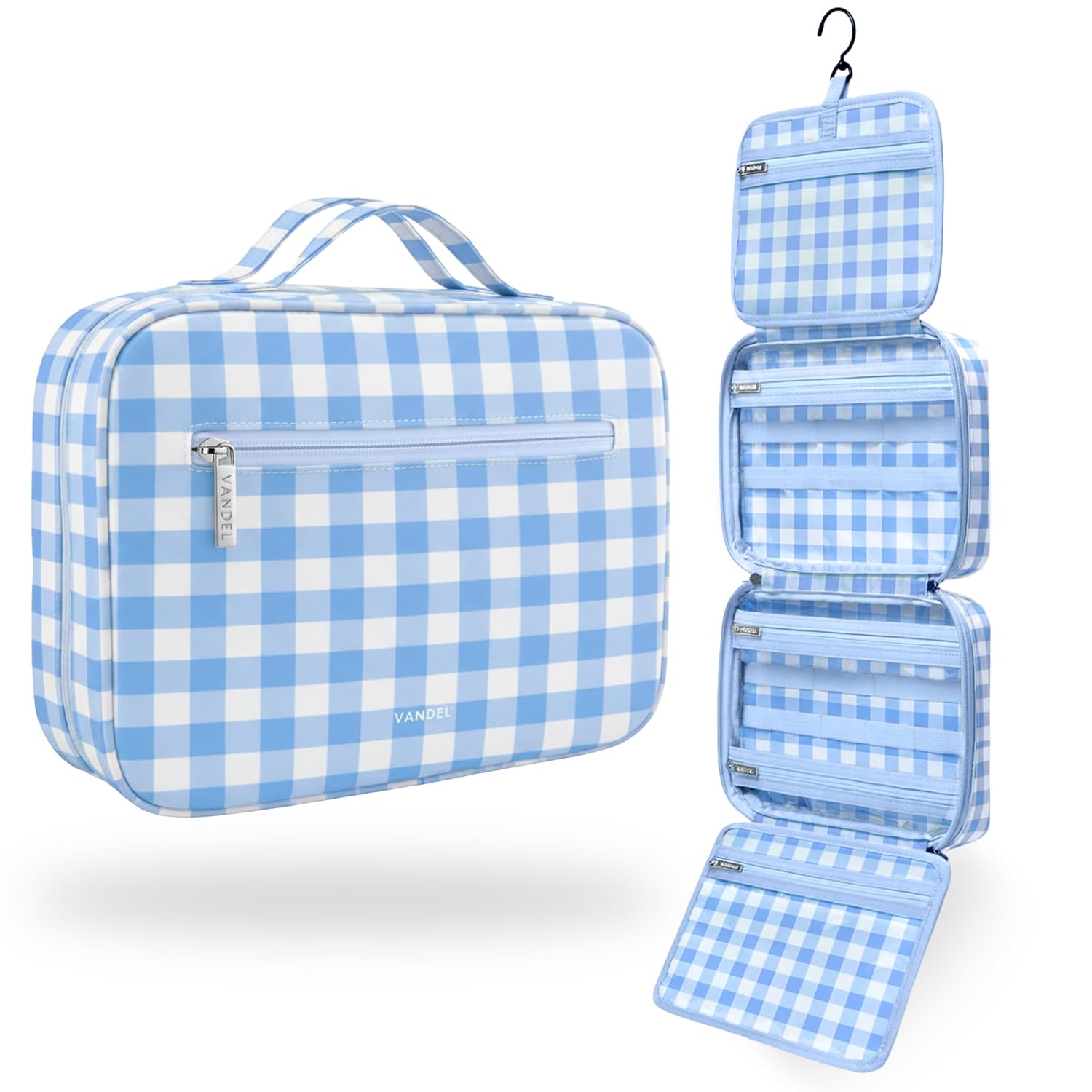 VANDEL Waterproof Hanging Toiletry Bag [TSA-Approved] Hanging Makeup Organizer Bag, Cosmetic Travel Bags for Women, Makeup Case Toiletries Organizer Hygiene Bathroom Shower Caddy - Blue Gingham
