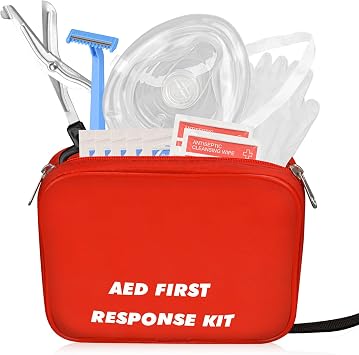 AED First Aid Accessory Kit with CPR Mask | Red nylon bag with one-way-valve mask, razor, trauma shears, gloves, gauze pads and antiseptic wipes