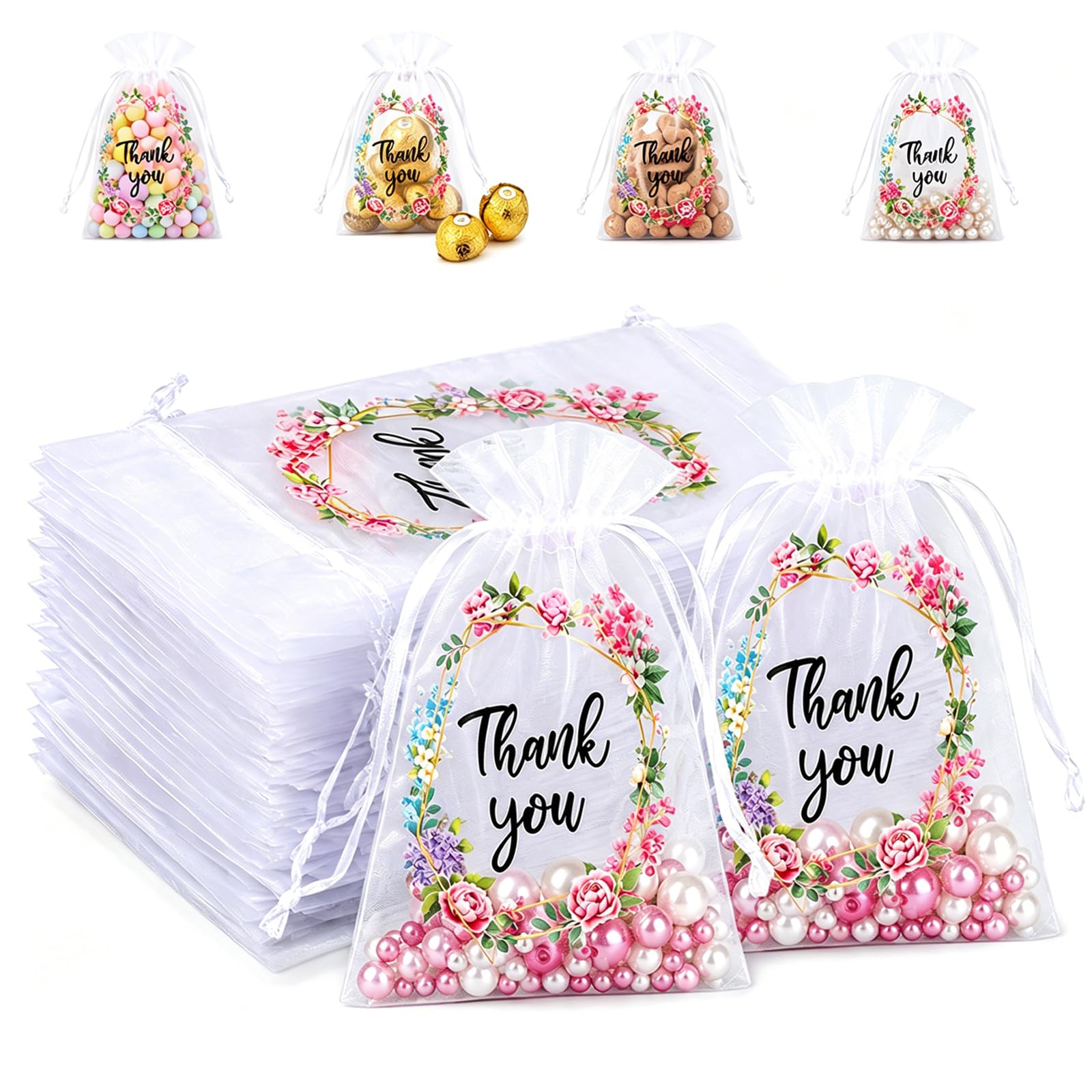Gift Bags Medium Size, 50 Count White Organza Drawstring Bags, Return Gift Bags for Wedding Favors and Party Events, Small Potli Bags 10x15 cm for Jewelry and Souvenirs-image-43