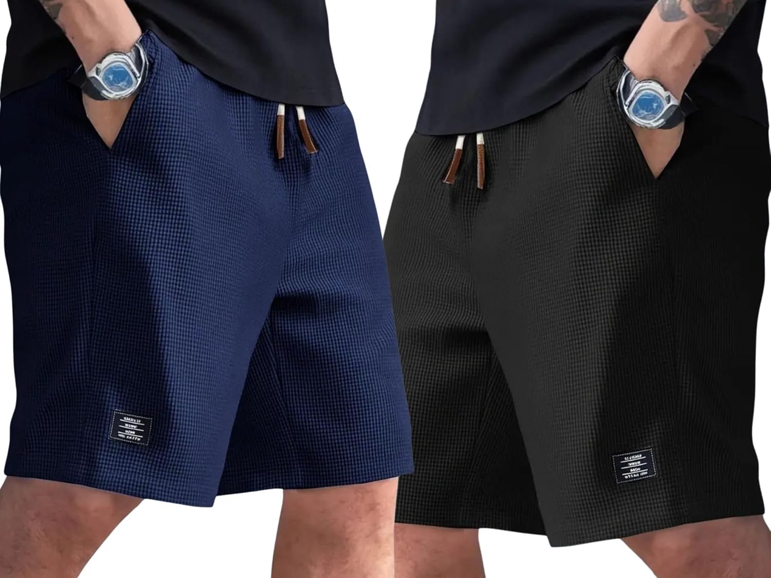 DBAX Men’s Textured Shorts Combo Pack (Pack of 2) | Waffle Knit Casual Shorts | Elastic Waist Summer Wear (Beige-Blue)-image-10