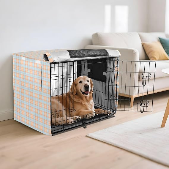 Dog Crate Cover Plaid Tartan Pets Kennel Covers with Roller Shades Cream Blue