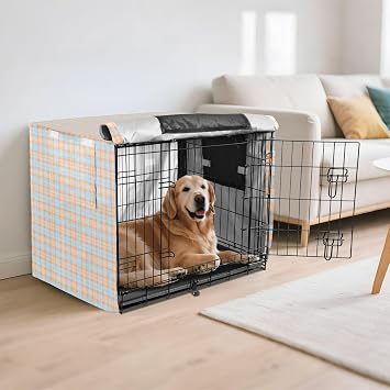 Dog Crate Cover Plaid Tartan Pets Kennel Covers with Roller Shades Cream Blue