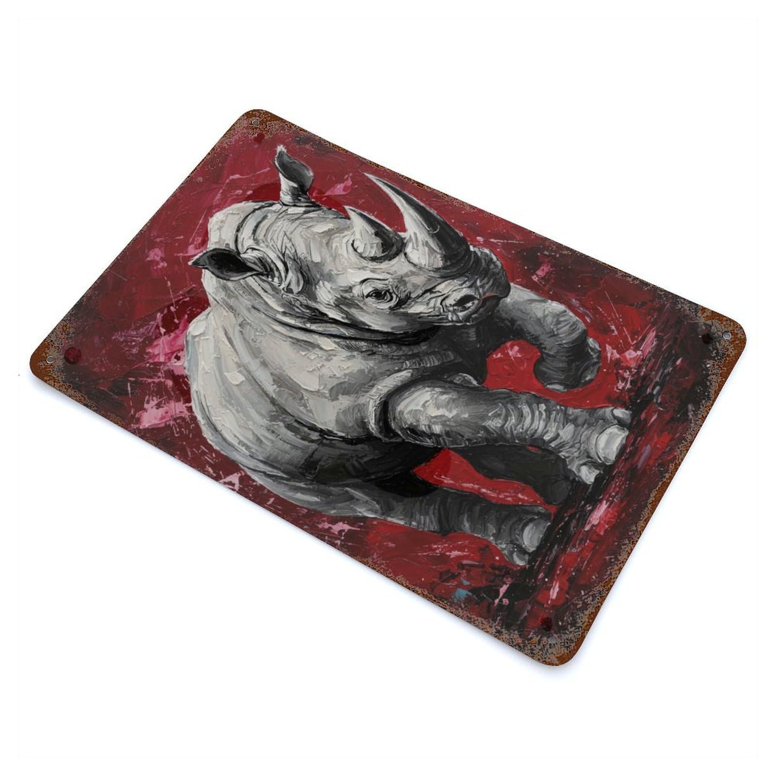 Rhino Painting on Red Background Vintage Rust Metal Sign 11.8"x7.9", Shabby Chic Decor for Garage, Pub Or Kitchen