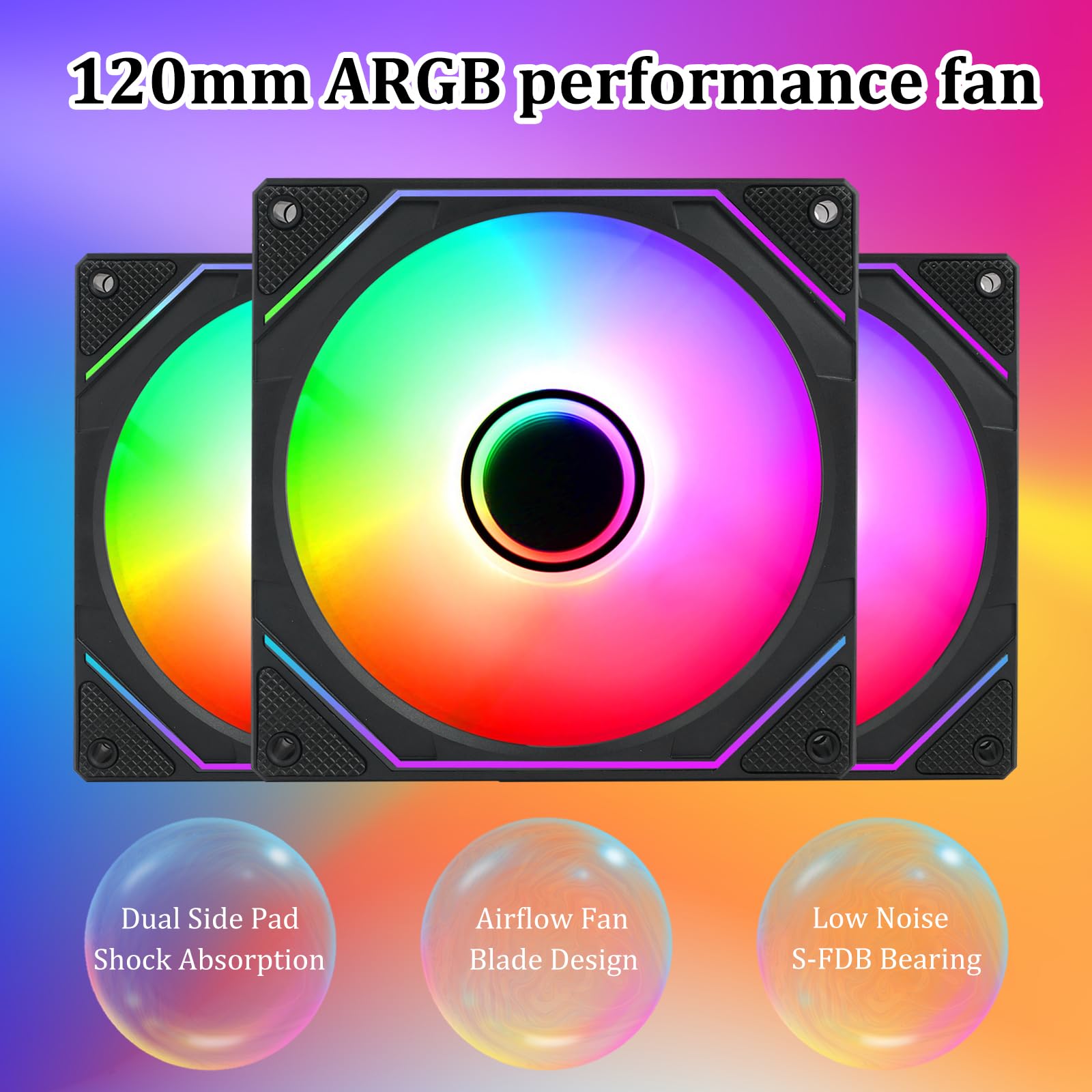 Confezione da 3 ventole per case da 120 mm, 5 V ARGB, ventola di raffreddamento per computer silenziosa ad alto flusso d'aria, effetto luce regolabile, confezione da 3