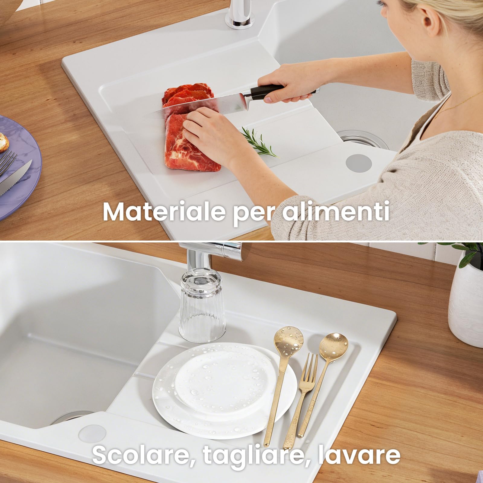 ANYCEE 65 x 45 cm Lavello Cucina con Gocciolatoio, Lavandino Granito Bianco | Lavello Bianco in Granito, Lavandino con 80% Sabbia di Quarzo, per Mobile di Base di Oltre 40cm, Troppopieno e Sifonee