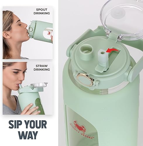 Miniatura 7 de Botella de agua de vidrio de 64 onzas con marcador de tiempo y pajilla, botellas de seguimiento motivacional de medio galón, grandes jarras de 2