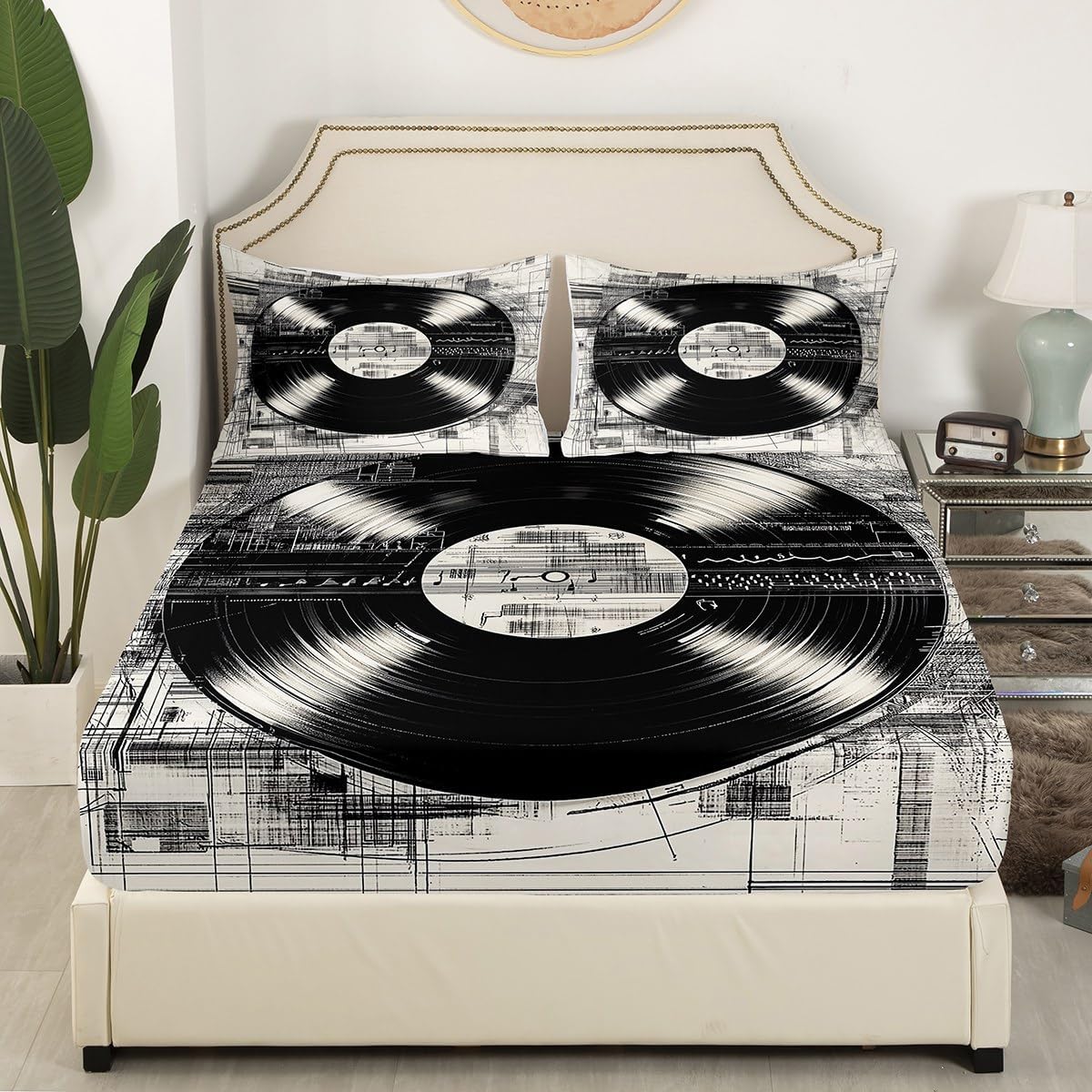 jejeloiu 83s Retro Vinyl Record Bedding Set Full Size Music Bed Sheets Set for Boys Girls Children Grey Vintage Record Player Music Notes Musician Fitted Sheet Room Decor Soft All Season 4Pcs